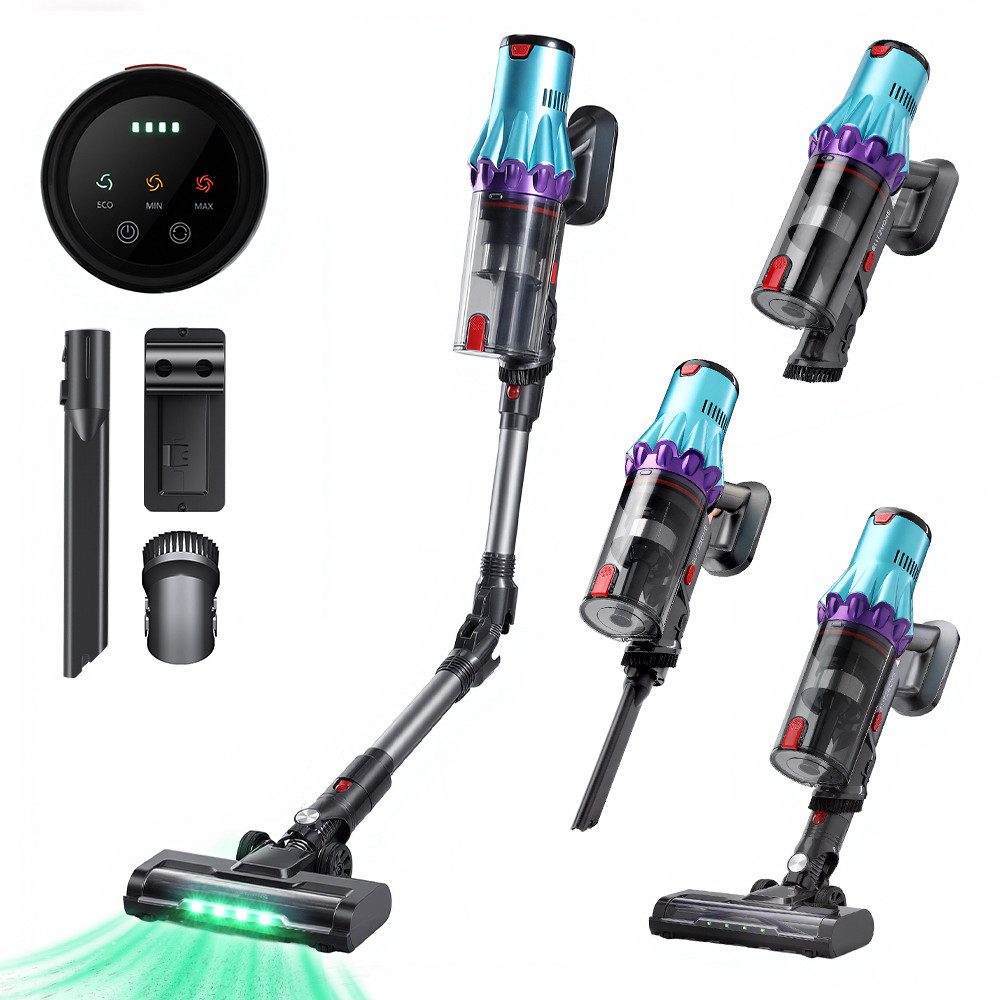BLiTZWOLF Akku-Hand-und Stielstaubsauger 35000Pa Kabelloser Akku Staubsauger Handstaubsauger, 300 W, mit 3 Saugstufen, LCD-Display und LED Licht, Selbststehend