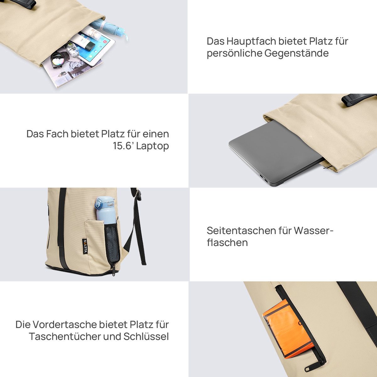 NULSTA Rucksack Rolltop Rucksack Wasserdicht Damen & Herren Daypack Freizeitrucksack, 30*15*40cm,Cityrucksack,Tourenrucksack,Schulrucksack