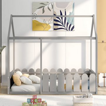 SOFTWEARY Kinderbett Hausbett ohne Lattenrost, Holzbett aus Kiefer (80x160 cm), Einzelbett mit Rausfallschutz