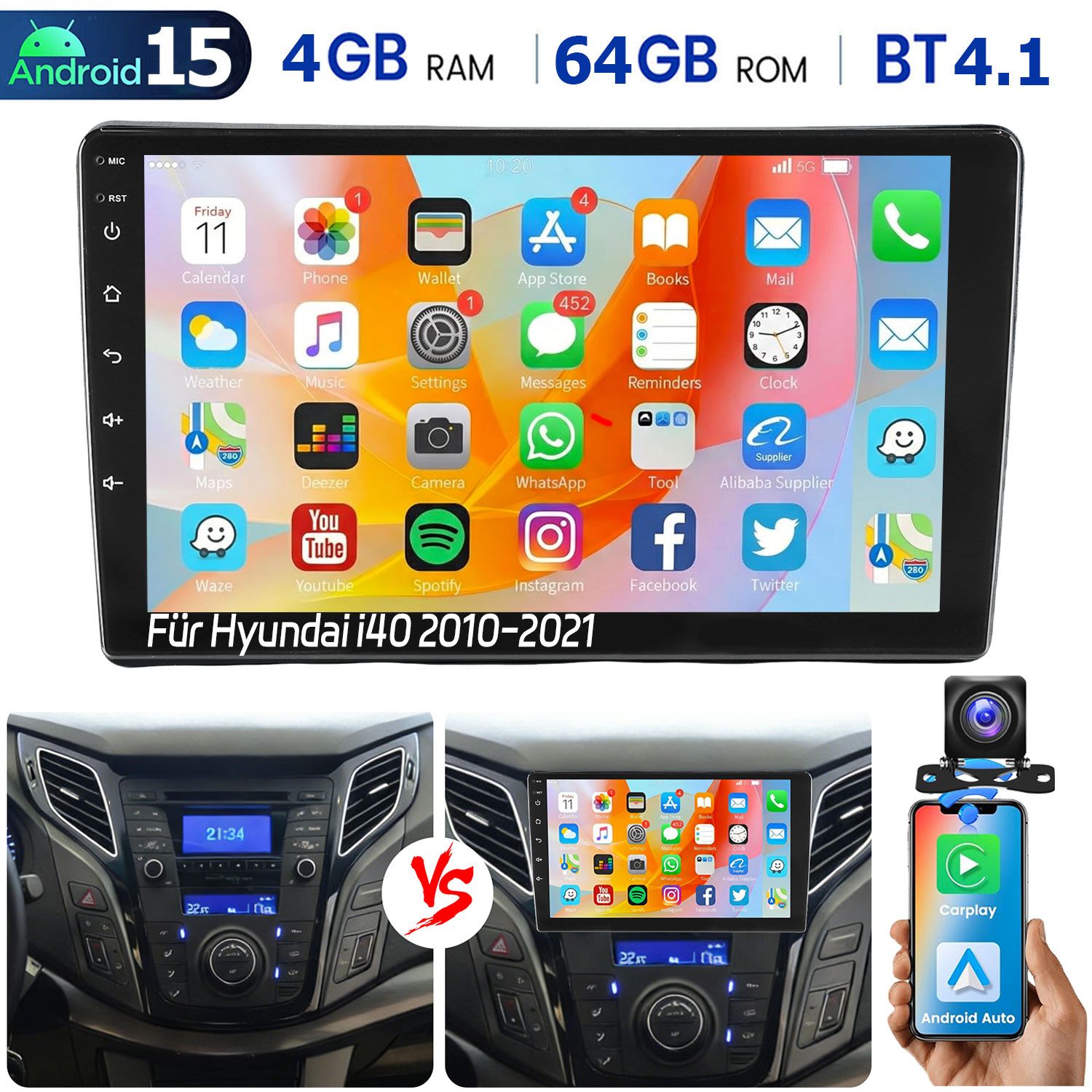 ESSGOO DAB+ Carplay Android15 Autoradio Für Hyundai i40 2011-19 GPS NAVI WiFi Autoradio (DAB (optional), DAB+ (optional), 4+64GB(optional), RDS, AM, FM, Carplay Android Auto Bluetooth EQ USB GPS Navi WIFI Touchscreen)