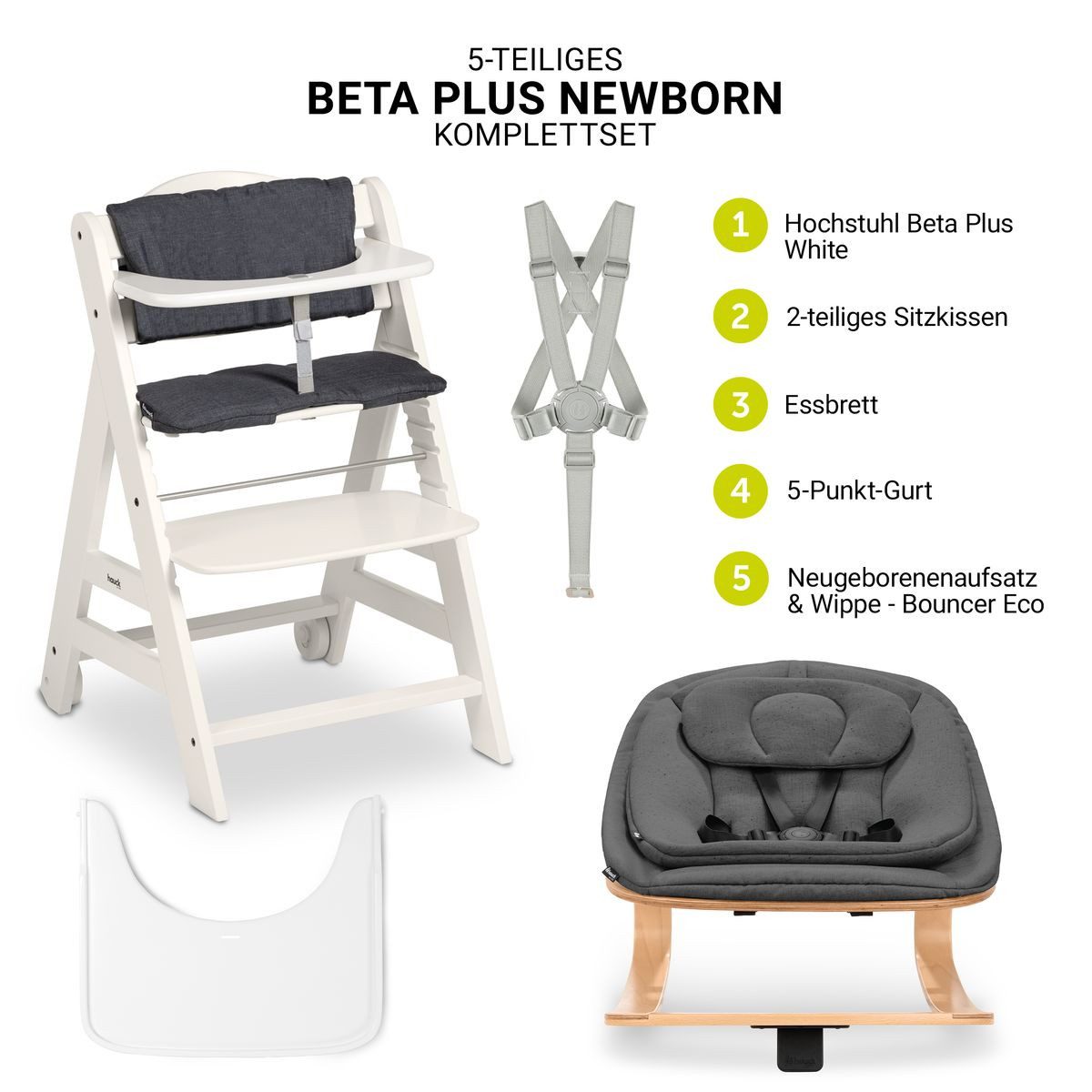 Hauck Hochstuhl Beta Plus Newborn Set Eco - White, Holz Babystuhl ab Geburt mit Neugeborenensufsatz, Sitzkissen, Essbrett