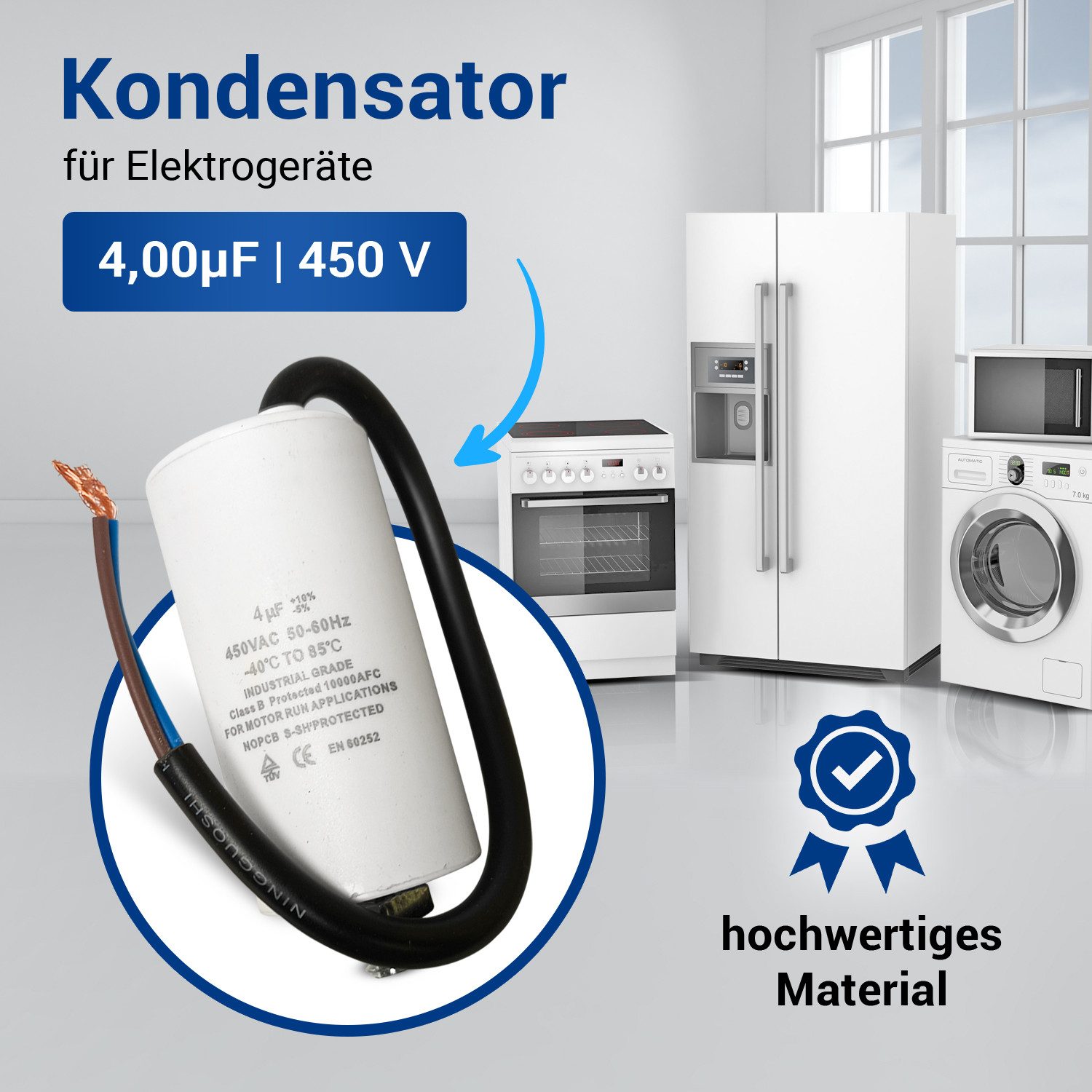 VIOKS Montagezubehör Kondensator CBB60 universal für elektrische Hausgeräte, 4,00µF 450V mit Anschlusskabel
