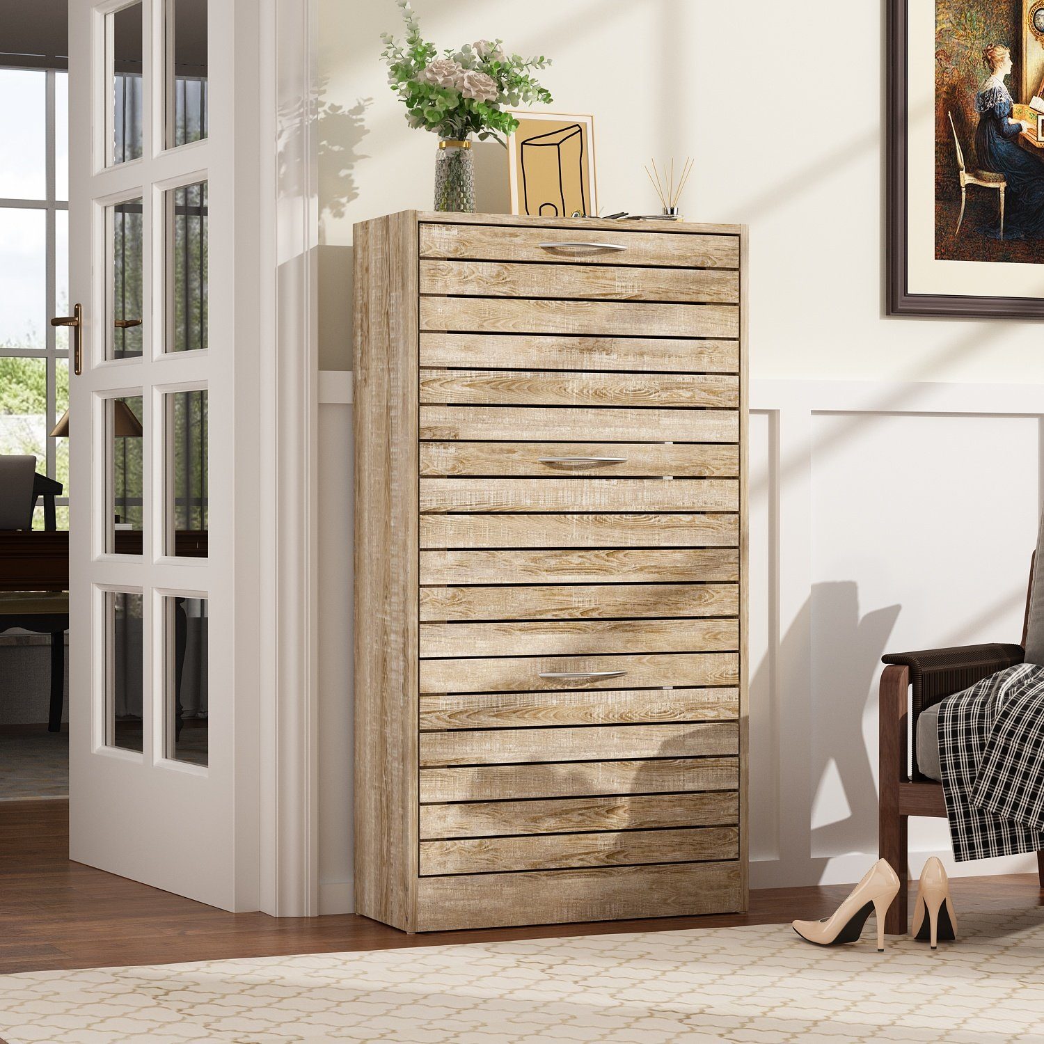 FUFU&GAGA Schuhschrank Schuhschrank mit 3 Klappen und 6 Fächer, Holzfarbe, günstig online kaufen