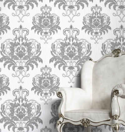 Newroom Vliestapete, Weiß Tapete Barock Ornament - Ornamenttapete Grau Glamour Modern Prunk für Wohnzimmer Schlafzimmer Küche