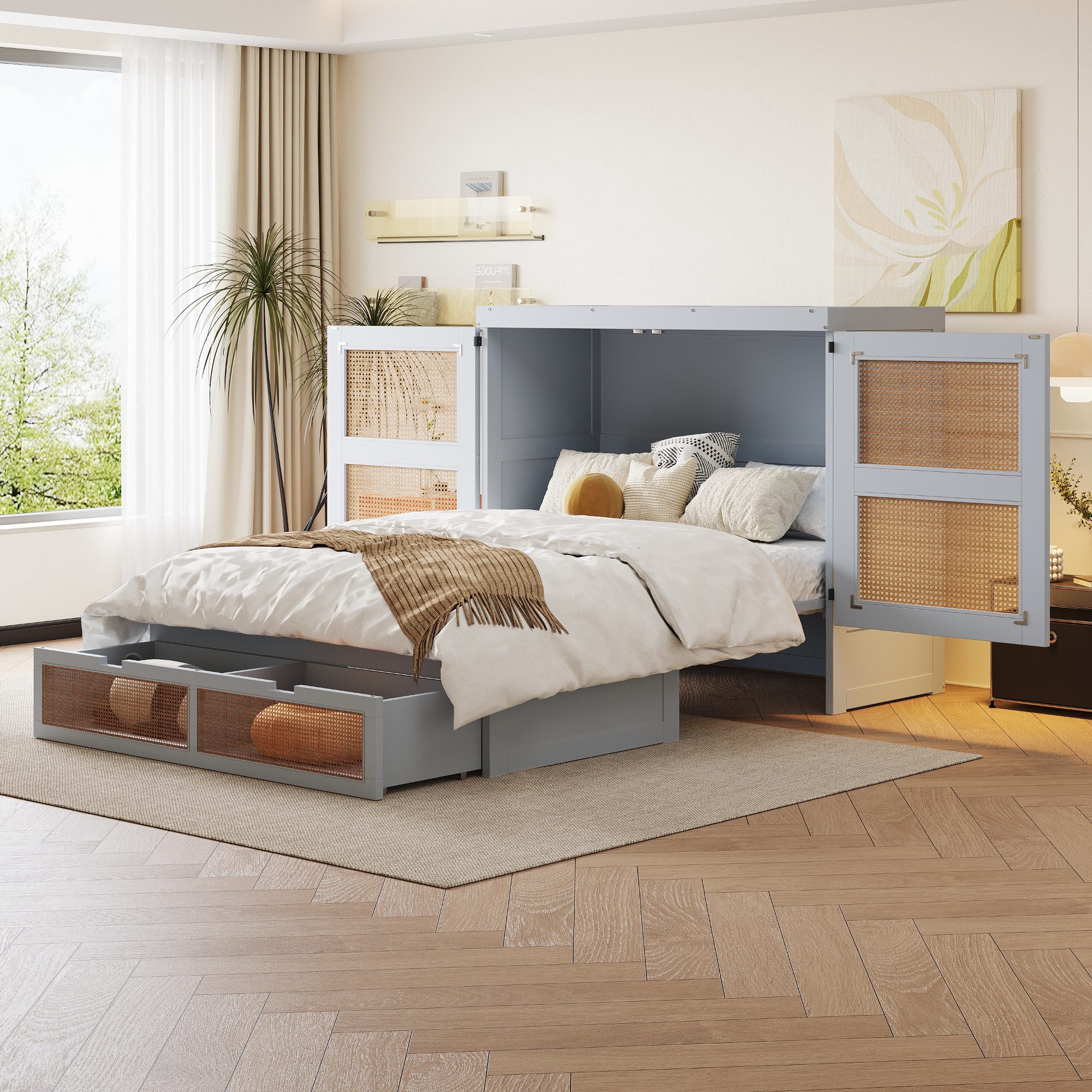 Flieks Schrankbett Holzbett Klappbett 140x200cm mit Schubladen und Rattan-Design