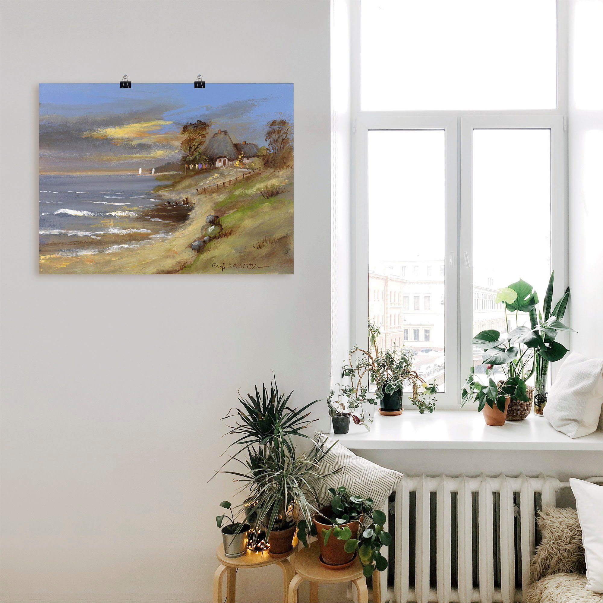 Artland Wandbild Weiß in Haus Wandaufkleber Größen strohgedecktes (1 versch. Gewässer oder Leinwandbild, Poster als Meer, am St)