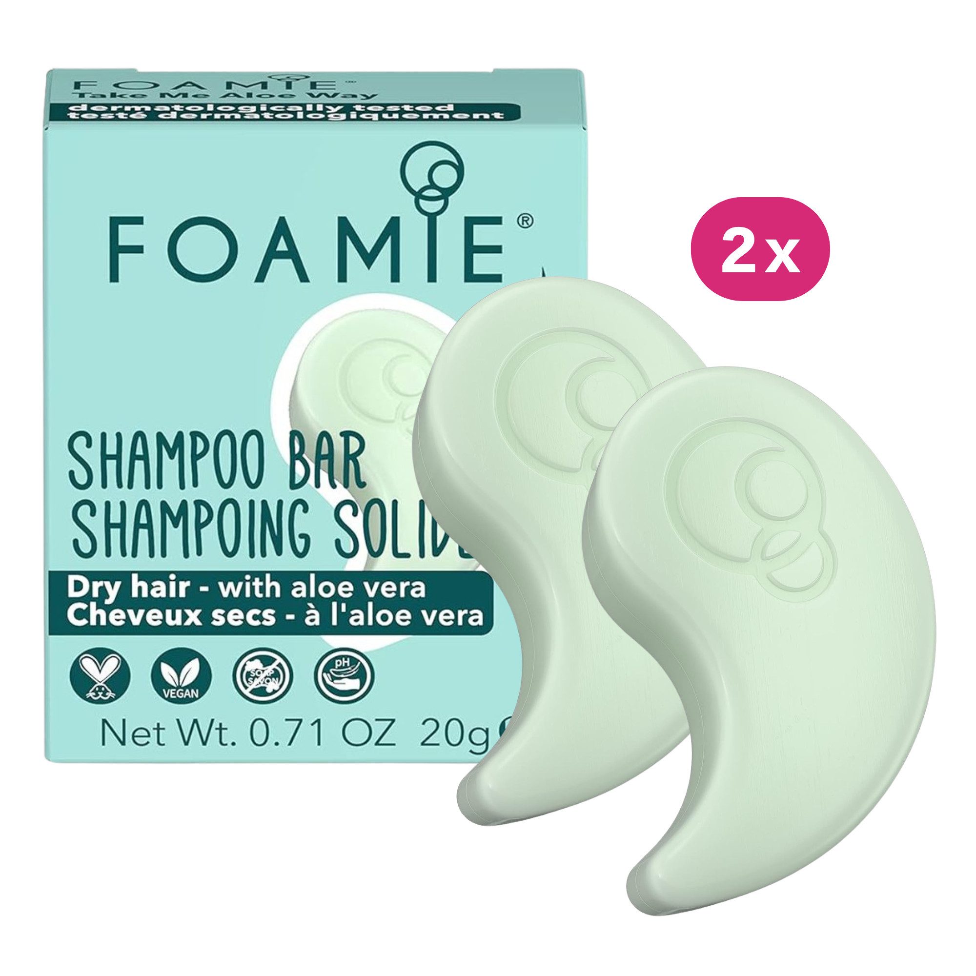 FOAMIE Festes Haarshampoo Foamie Festes Shampoo Reisegröße - Aloe Vera, trockenes Haar, 2x20 g, Vegan, Tierversuchsfrei, ohne Silikone, Parabene, Sulfate