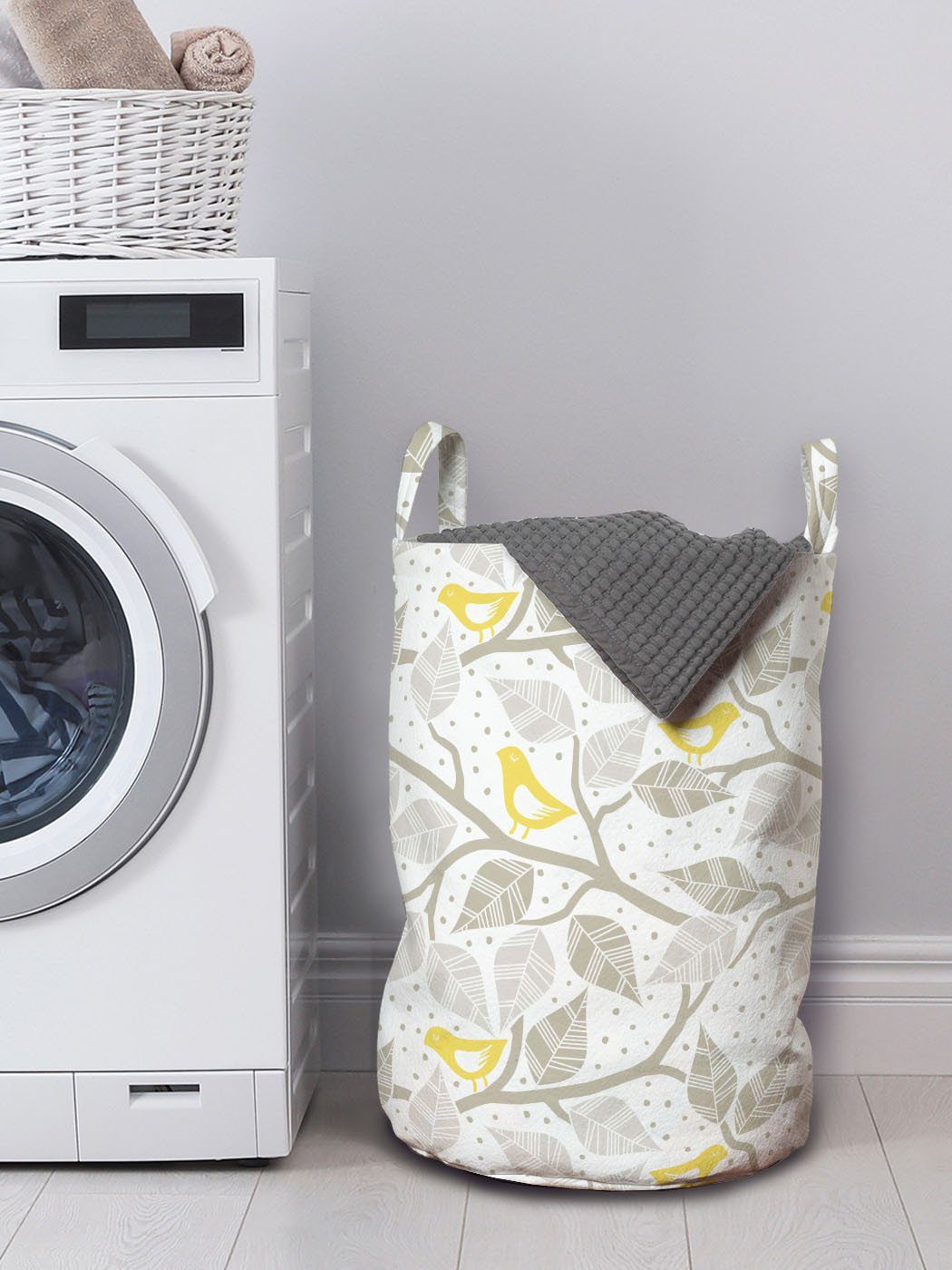Abakuhaus Wäschesäckchen Wäschekorb mit Griffen Baum und Kordelzugverschluss Waschsalons, Gelb Vögel und Grau für