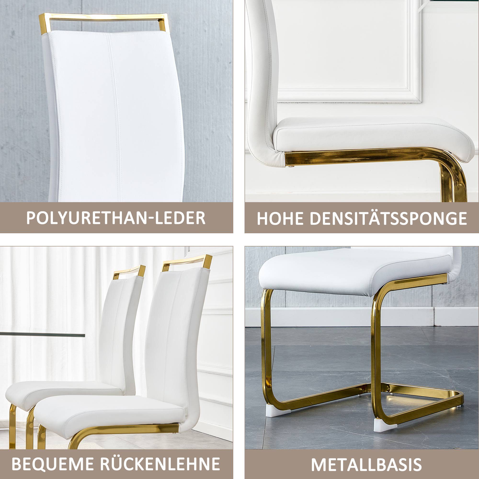 Flieks Freischwinger (4 St), 4er Kunstleder Set goldfarben Esszimmerstuhl | Weiß Schwingstühle Polsterstuhl