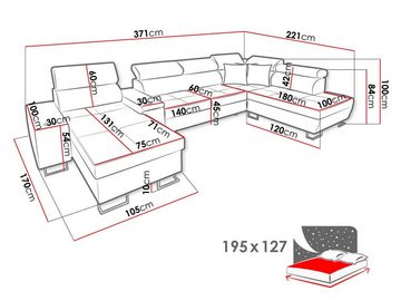 MIRJAN24 Wohnlandschaft Morena V, mit zwei Bettkästen und Schlaffunktion, Einstellbare Kopfstützen, USB-Anschluss, Barfach, Lampe, Steckdose