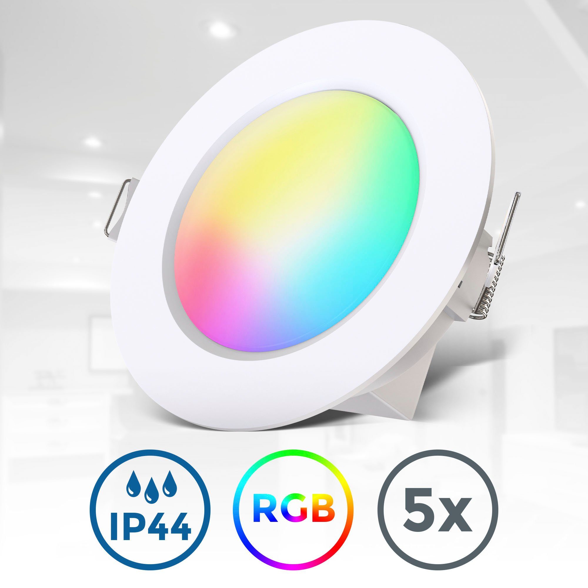 RGB, 4,8W, 5er-Set über RGB-LED Dimmbar Ø9,2cm, Einbauleuchte Badeinbaustrahler, IP44, Warmweiß, integriert, fest RGBW, LED dimmbar 450lm, Fernbedienung, 3.000K, Lichteffekte, B.K.Licht BK_EL1543