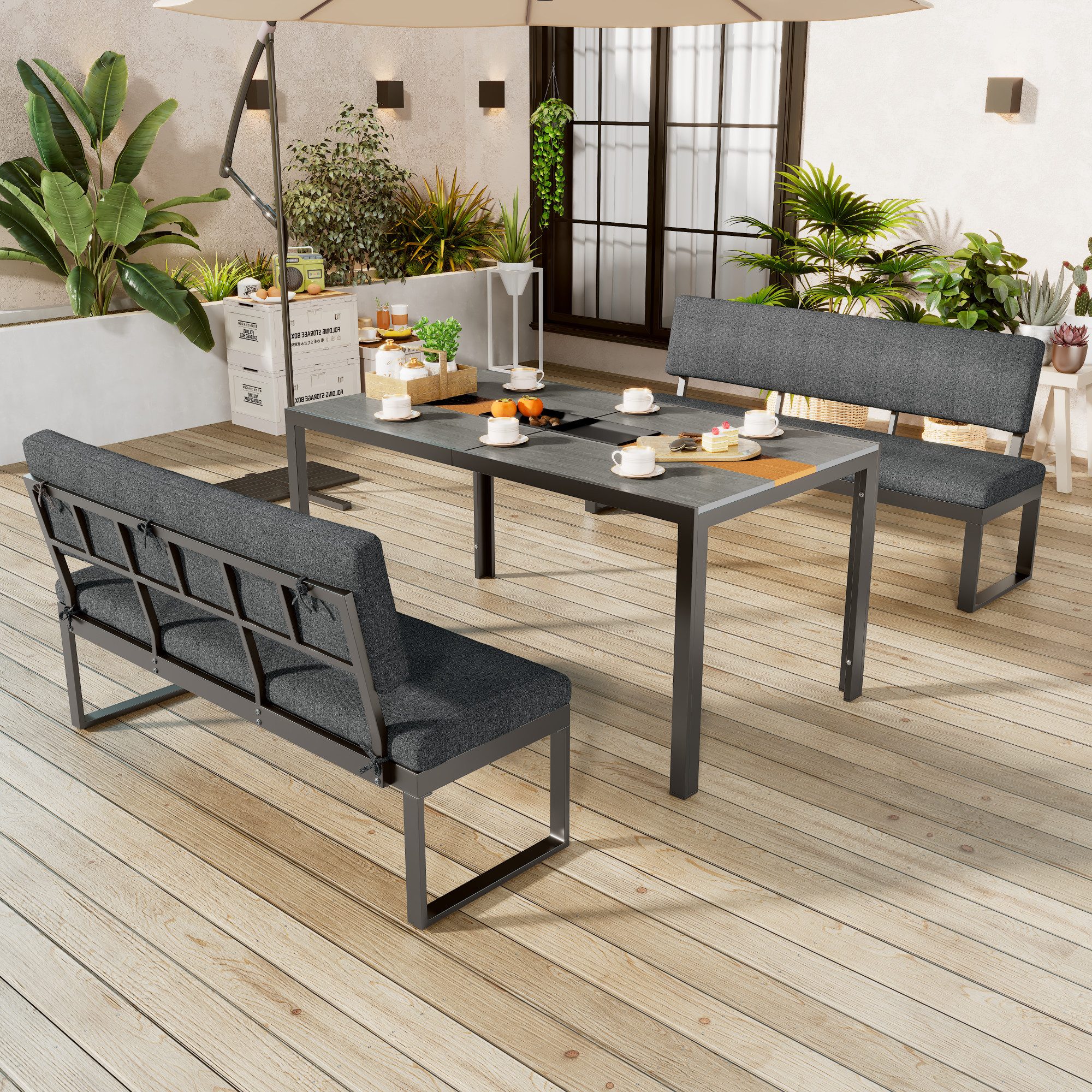 Garten-Essgruppe, (Gartenmöbel Set, 3-tlg., Sitzgruppe für 6 Personen), Gartenlounge Set Aluminium mit 2 Bänke und 1 Esstisch