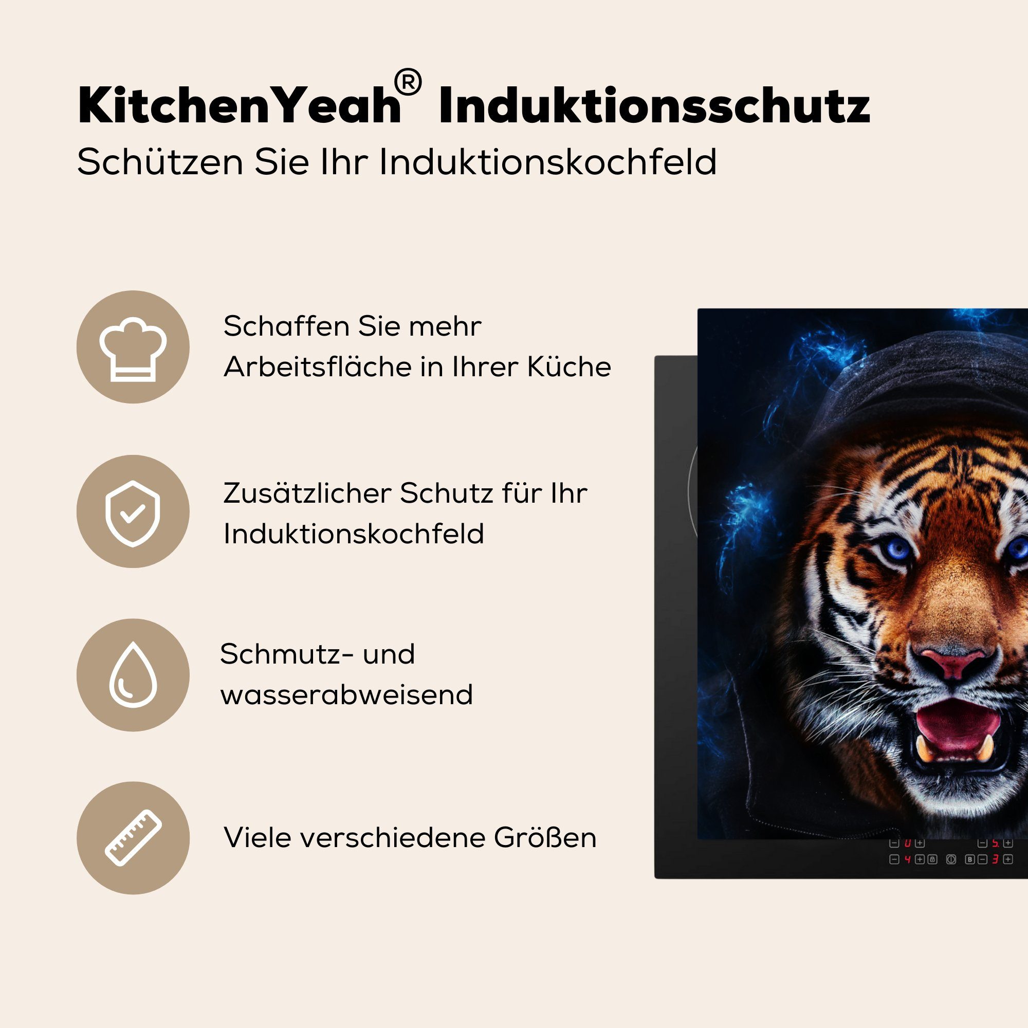 Tiger (1 Licht, Vinyl, MuchoWow - tlg), Ceranfeldabdeckung, cm, Arbeitsplatte Herdblende-/Abdeckplatte Kleidung küche für 78x78 -