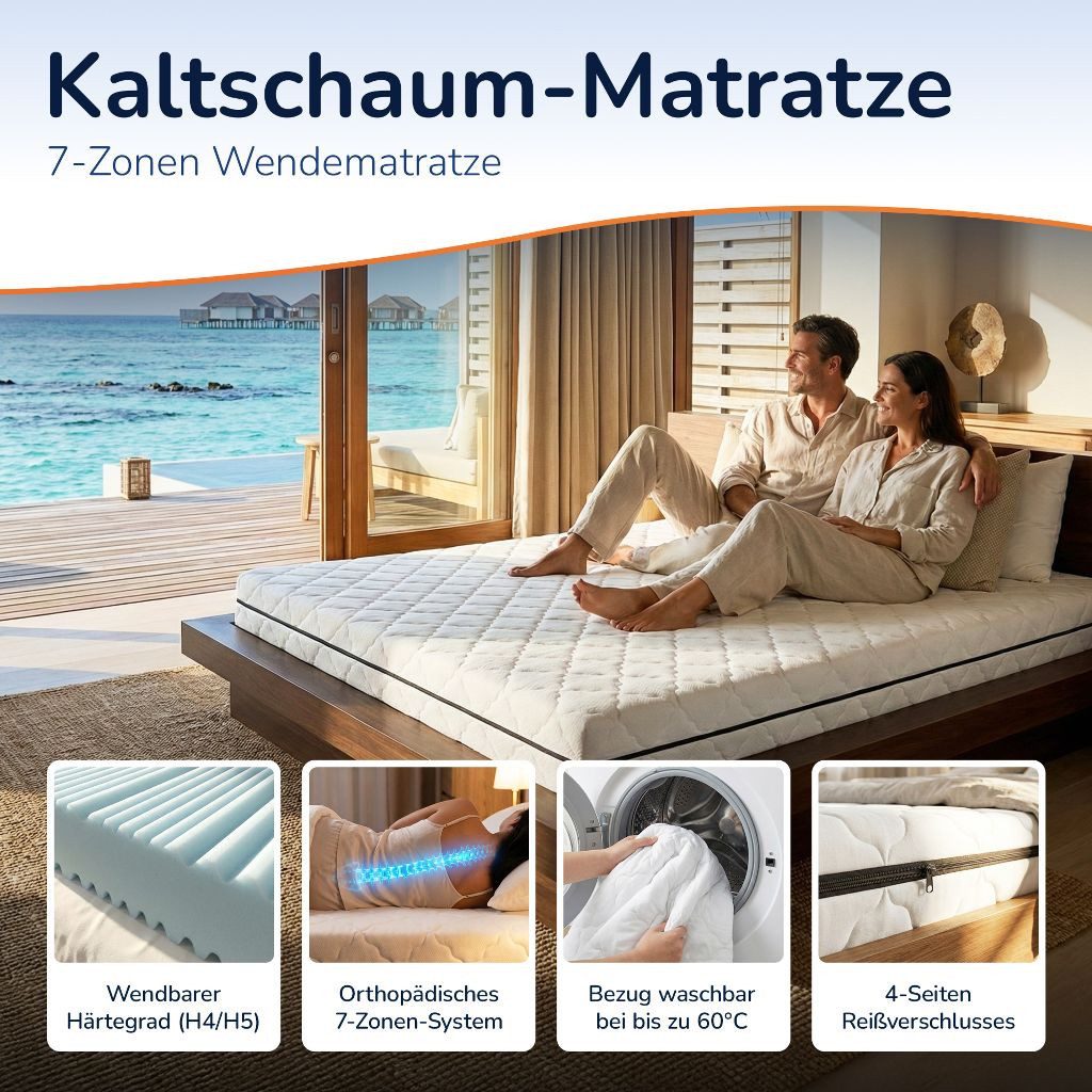 Kaltschaummatratze 7 Zonen ergonomisch H2 H3 H4 H5 H6 - 90x200 120x200 140x200 180x200, MSS e.K., verschiedene Größen, Härtegrade und Höhen - atmungsaktiv