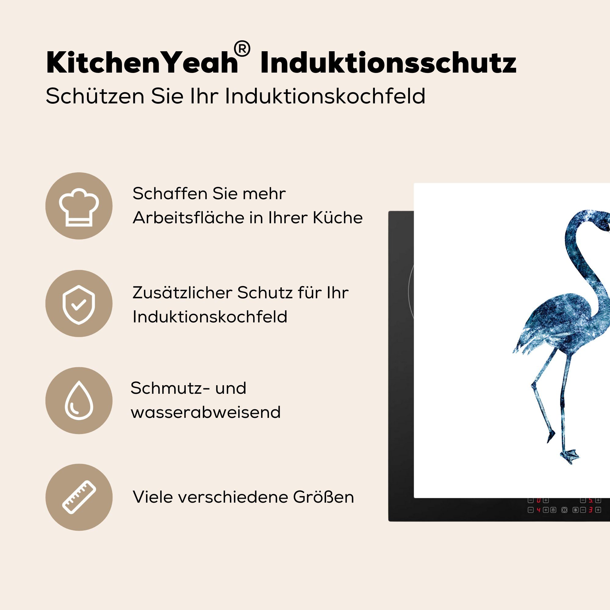 MuchoWow Herdblende-/Abdeckplatte Flamingo - Federn küche Vinyl, Arbeitsplatte (1 tlg), cm, 78x78 - Blau, für Ceranfeldabdeckung
