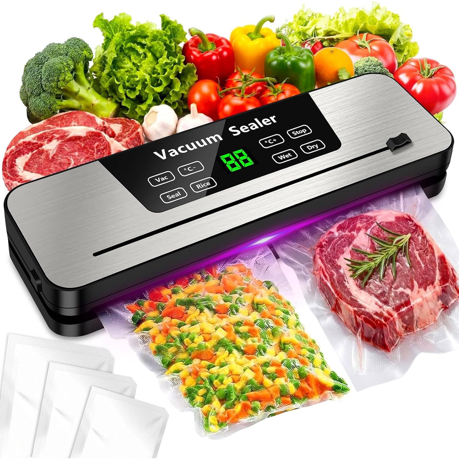 AIMAX Vakuumierer 8 in 1 Vakuumierer, mit Cutter und Digitalem Countdown, 120W, 20 Vakuumbeutel, für Vakuumgaren und Frischhaltung von Lebensmitteln