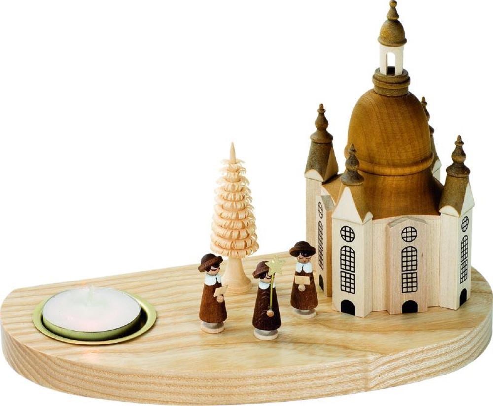 Richard Glaesser Kerzenhalter Dresdner Frauenkirche mit Kurrende für Teelichter, Höhe 14cm, Handwerkskunst original Erzgebirge