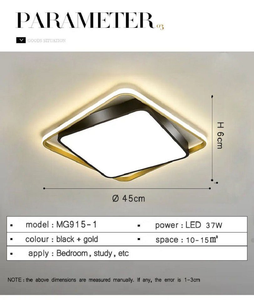 Deckenleuchte mit Golden Deckenleuchten Schwarz Deckenlampe Dimmbar LED LED fest + Daskoo LED Fernbedienung Warmweiß/Neutralweiß/Kaltweiß, 37W Wohnzimmer, Quadrat integriert,
