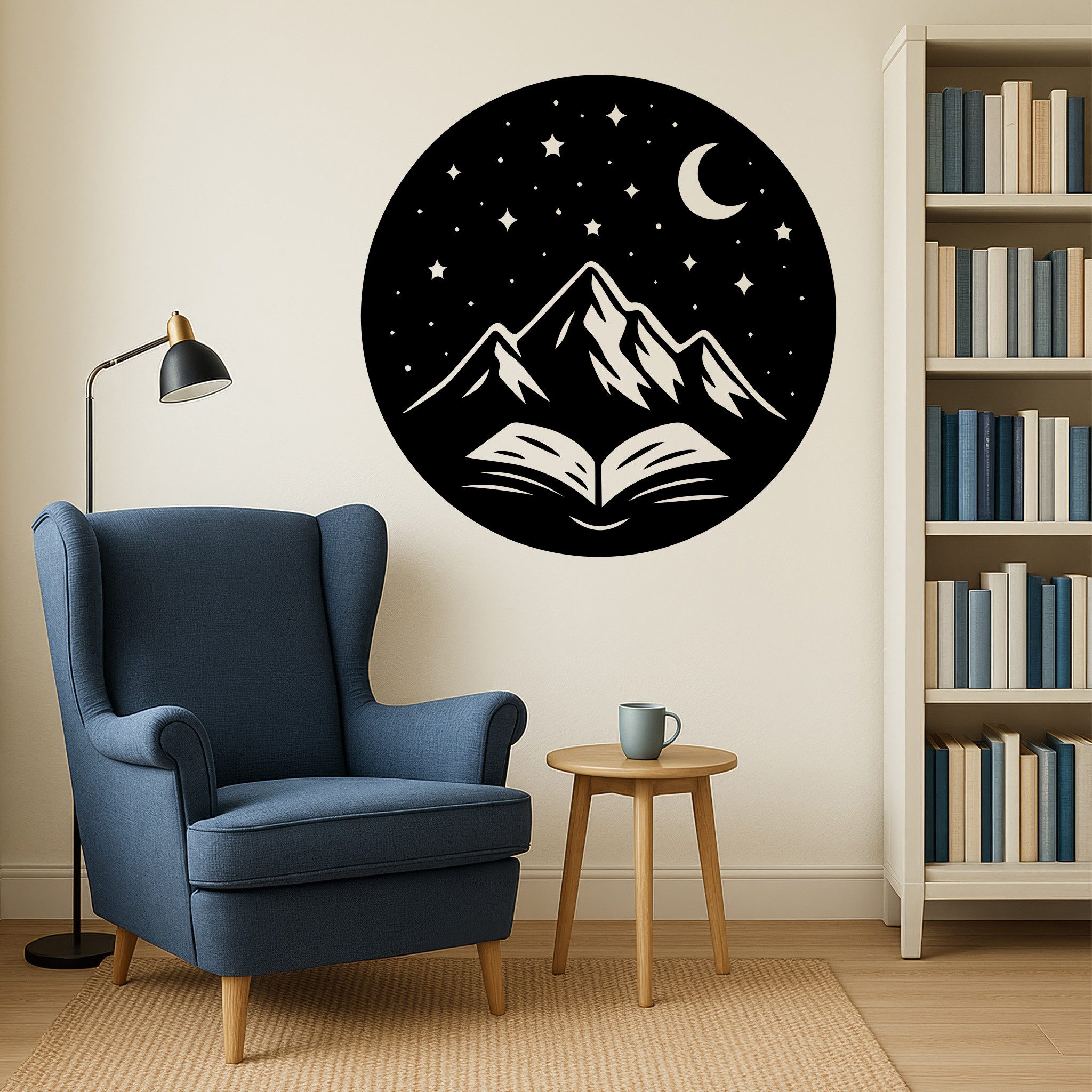 Sunnywall Wandtattoo Berge und Buch – rundes Design mit Sternenhimmel, selbstklebend, konturgeschnitten, rückstandslos entfernbar