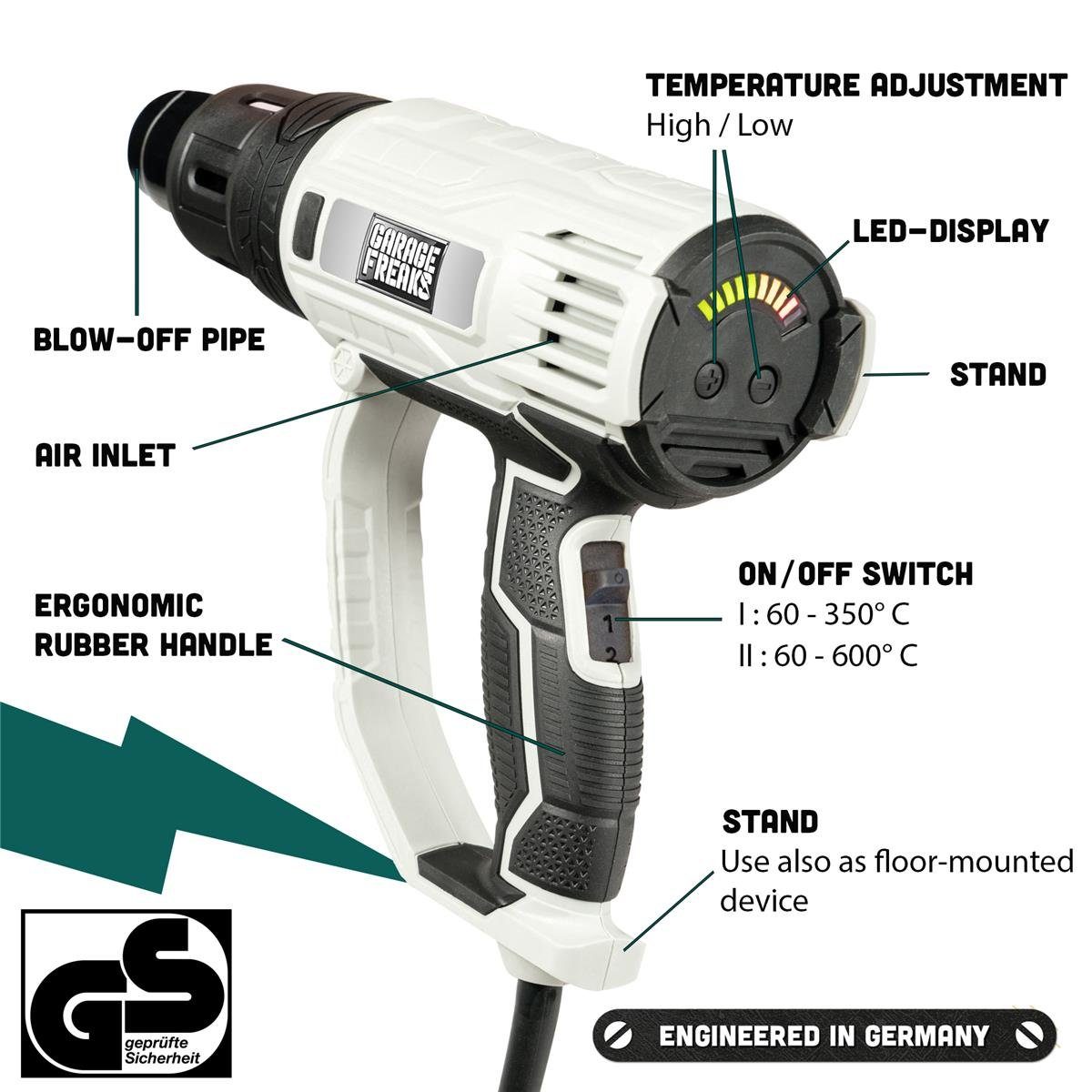 Garage Freaks Heißluftgebläse Heißluftpistole mit 5 M Kabel, LED Anzeige, 60-600° C, bis max. 600 °C, mit LED Anzeige - 600° - 2000W