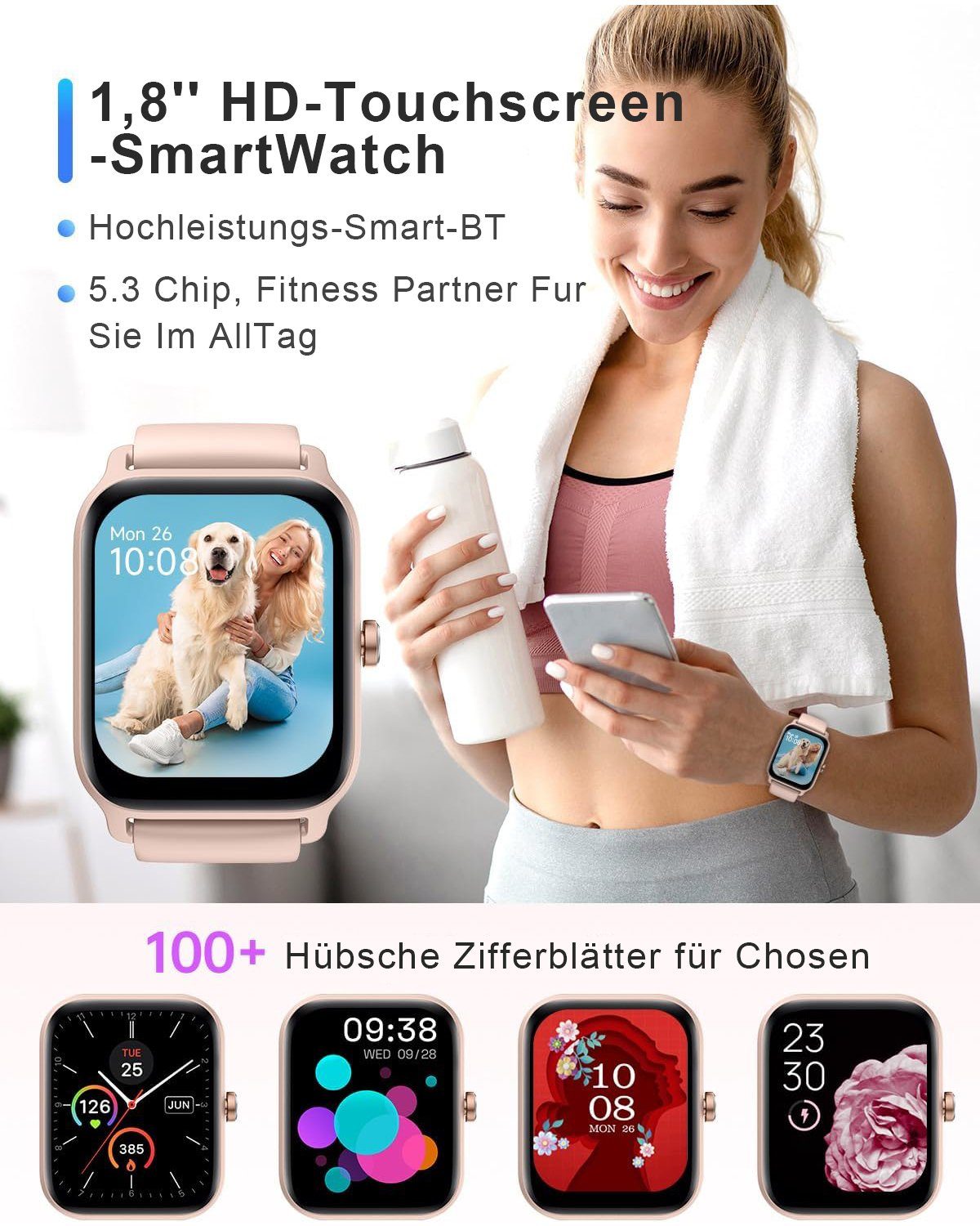 Rosa (Quadratischer Smartwatch mehr Anruffunktion, Zoll) mit 100 Sportmodi, für Sportuhr etc., IOS Android mit und Yuede Fitness AI Schlafqualität, Blutsauerstoff, Herren mit Gesundheits-Uhren Wasserdichte 1.8"-HD-LCD-Voll-Touchscreen-Panda-Glas-Bildschirm Musiksteuerung Alexa uhr Tracker Smartwatch Eingebaut für IP68 Herzfrequenz, und Voice, SNS-Benachrichtigung Schrittzähler, Blutdruckmessung, Damen als mit