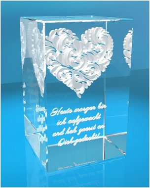 VIP-LASER Dekofigur 3D Glasquader verziertes Herz Heute morgen bin ich aufgewacht und, Hochwertige Geschenkbox, Made in Germany, Familienbetrieb