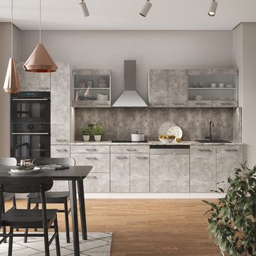 Livinity® Küchenzeile R-Line, Beton/Weiß, 350 cm mit Hochschrank, AP Eiche