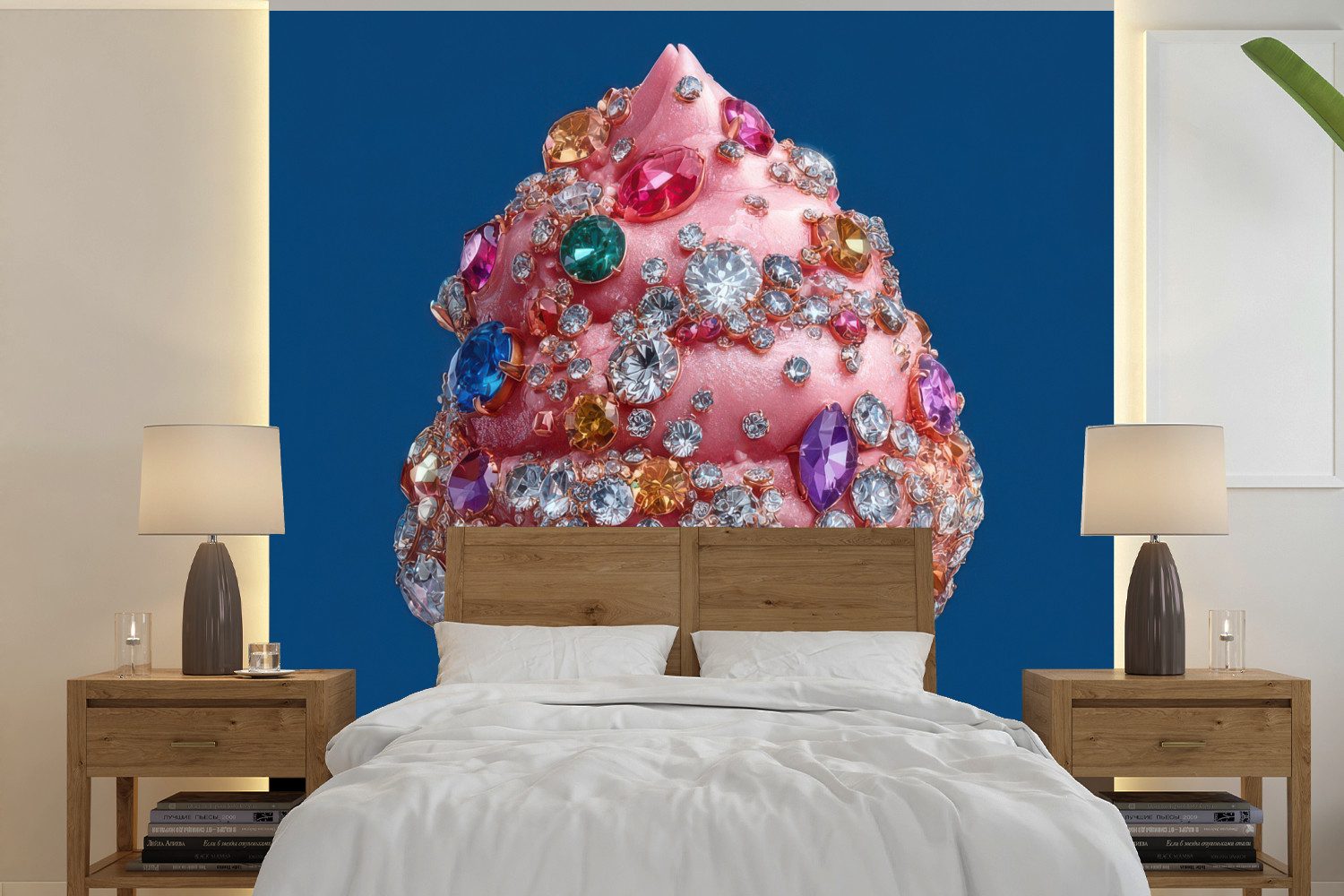 MuchoWow Fototapete Eistüte - Strasssteine - Blau, Matt, bedruckt, Vliestapete für Wohnzimmer Schlafzimmer Küche, Fototapete, 220x220 cm