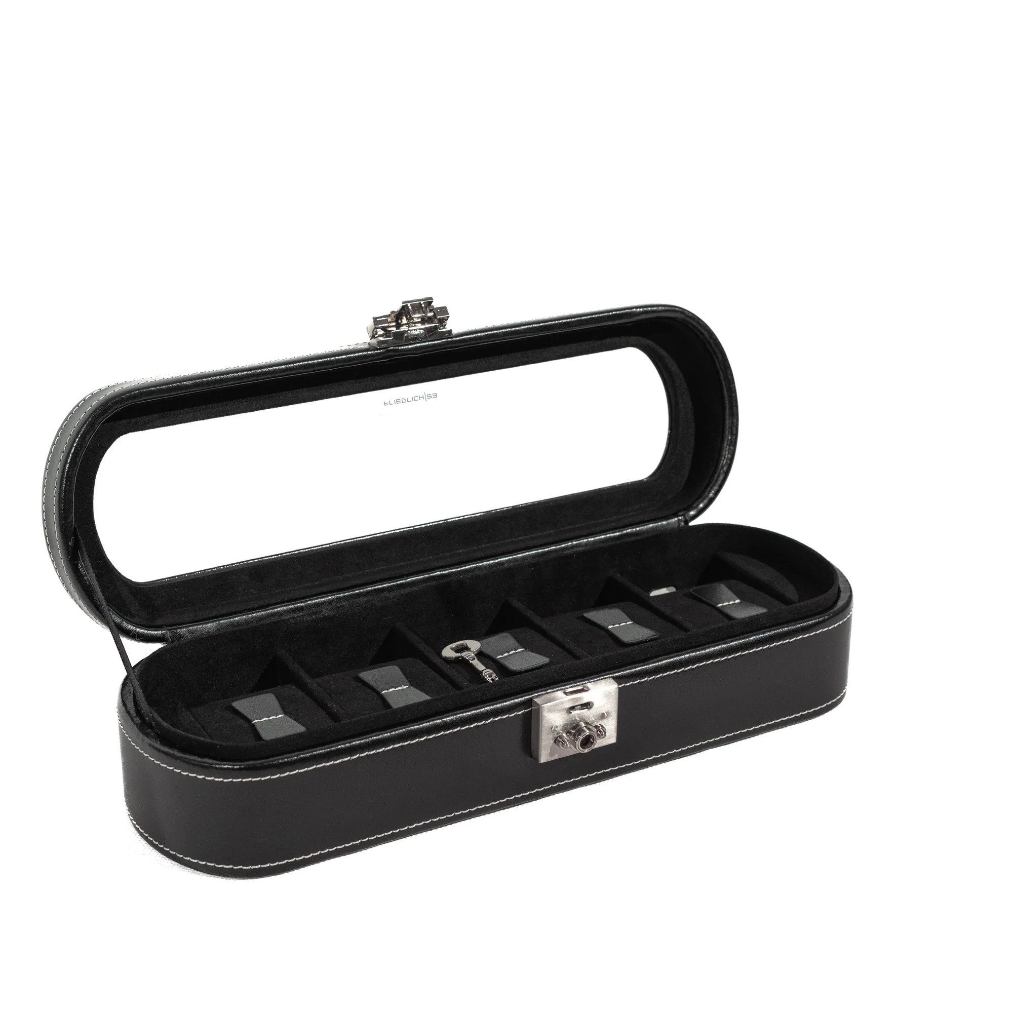 Friedrich23 Uhrenbox London 26106-2 – Echtleder Schwarz – Glasdeckel – für 5 Uhren