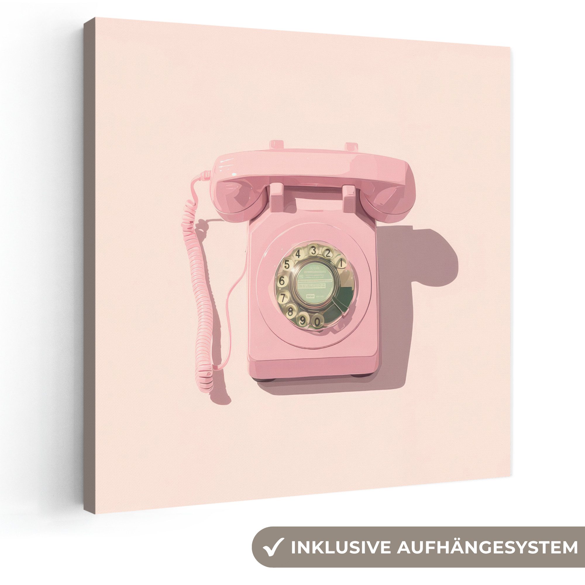 OneMillionCanvasses® Leinwandbild Drehbares Telefon - Retro - Rosa, Fotodruck (1 St), Wandbild, Deko Schlafzimmer Wohnzimmer Flur 20x20 cm