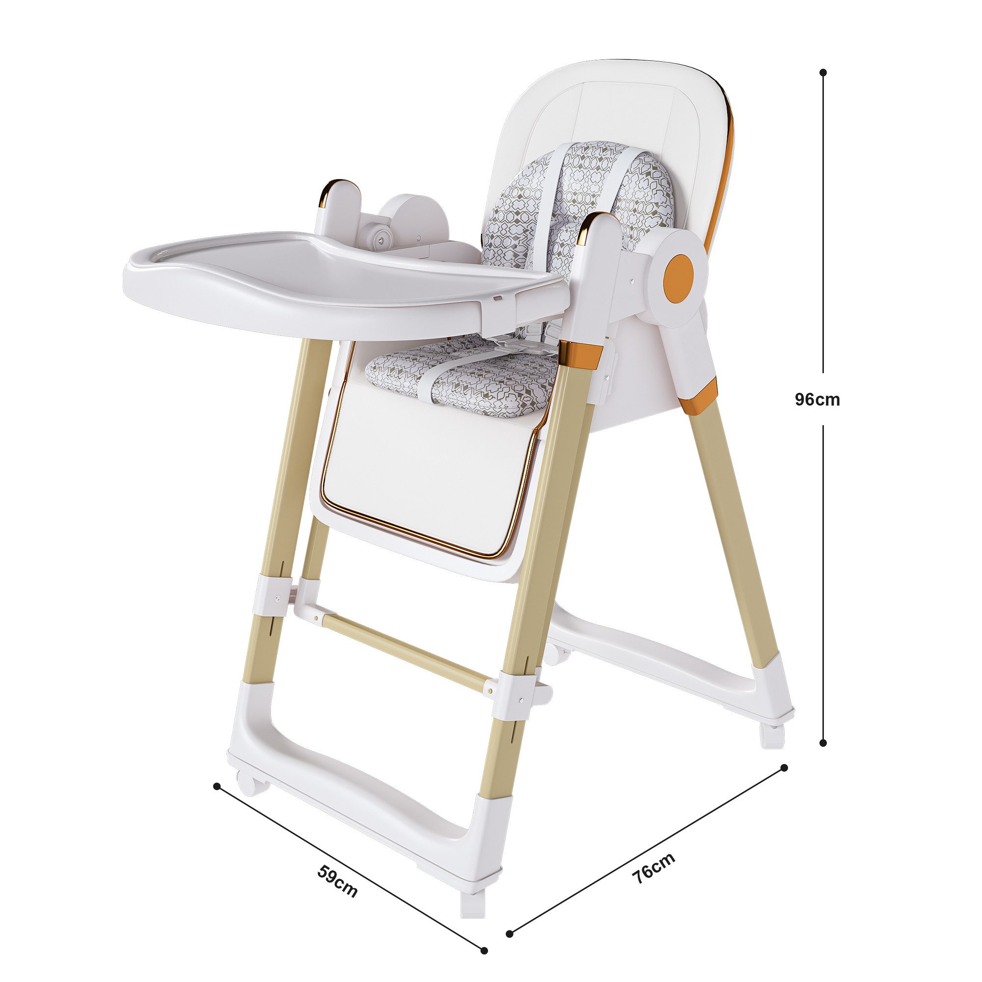 KLAM HOME Kinderklappstuhl 2-in-1 Kinderstuhl mit Wippfunktion, höhenverstellbar & klappbar (Sicherer Kinderstuhl mit 5-Punkt-Gurt & Feststellrädern bis 100kg), Weißer Kinderstuhl mit abnehmbarer Ablage für 6 Monate bis 3 Jahre