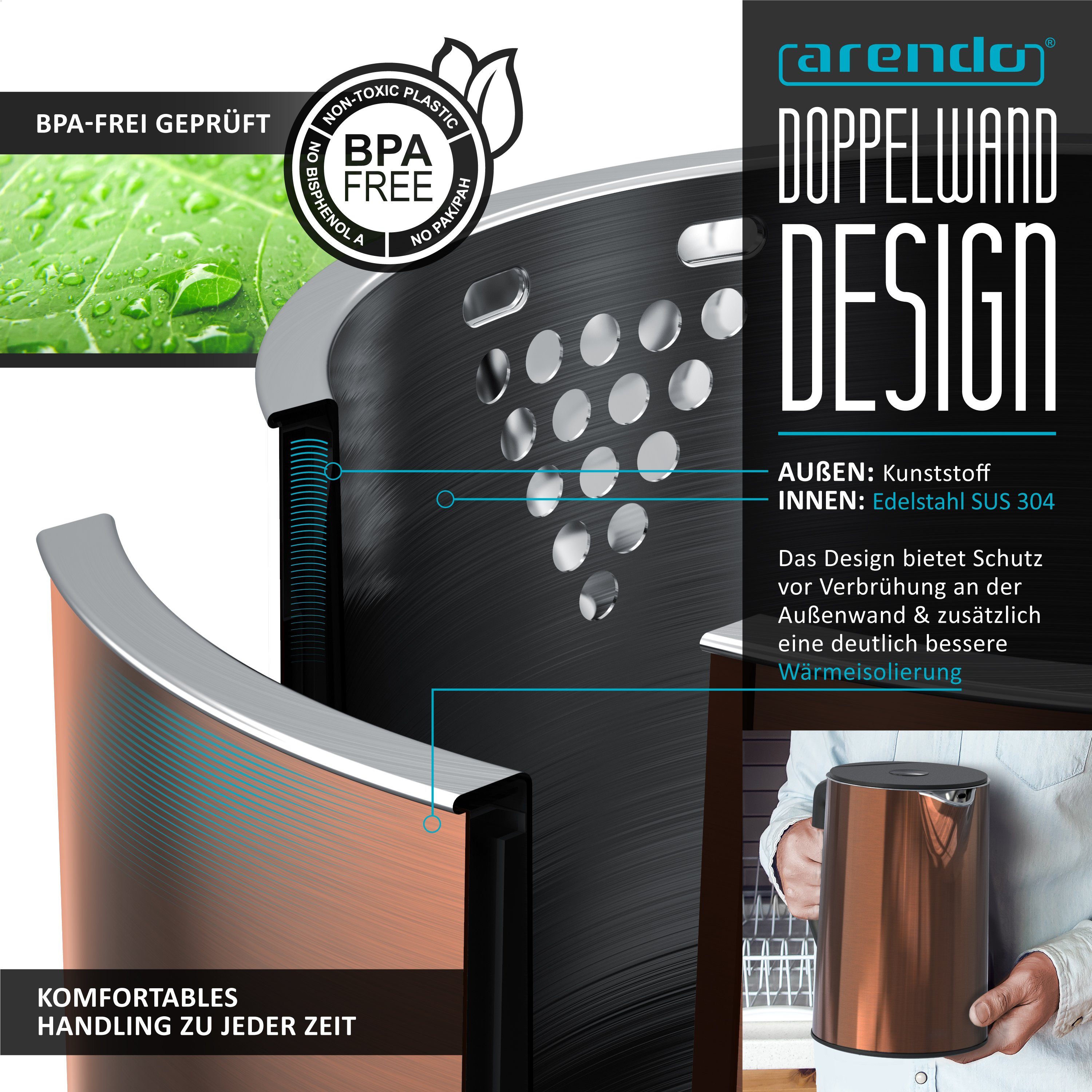 Arendo Frühstücks-Set (3-tlg), Wasserkocher 1,5l, 4-Scheiben Toaster, 6er Eierkocher, Kupfer