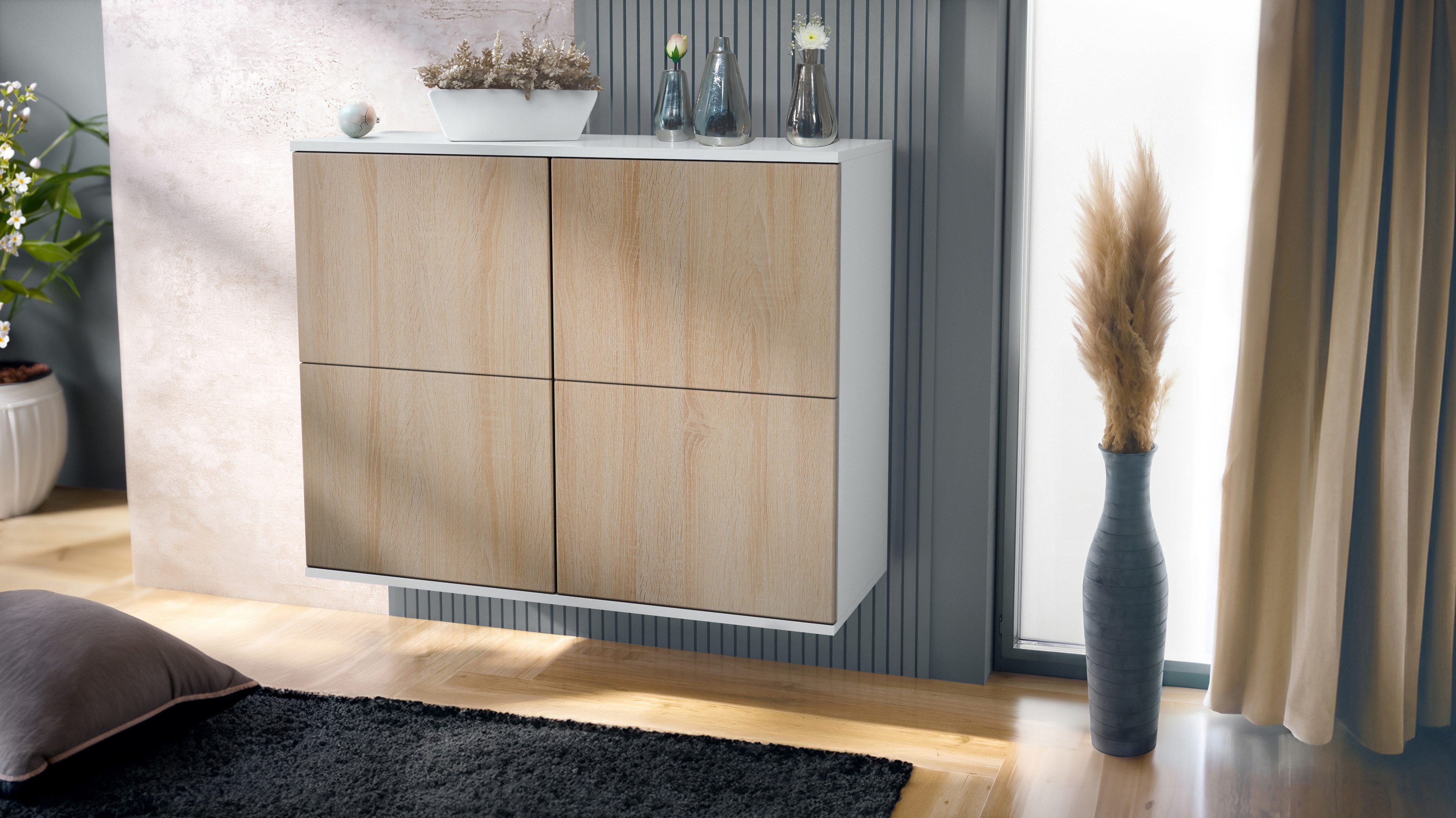 Vladon Kommode Rova V3 (Moderner Küchenschrank, mit 4 Push-to-Open Türen), Weiß matt / Eiche sägerau (92,5 x 73.5 x 35)