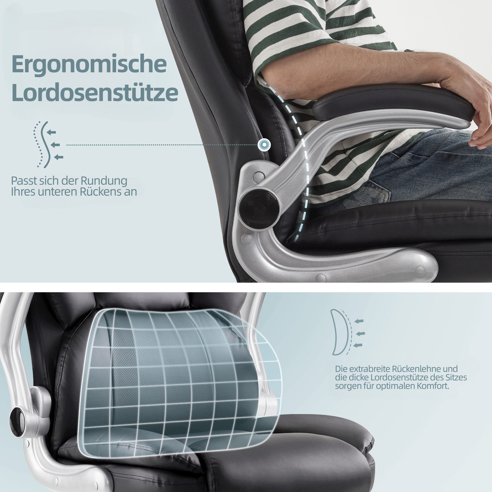 IWMH Chefsessel Ergonomischer Bürostuhl, Höhenverstellbar Schreibtischstuhl (PU-Leder Schreibtischstuhl), Drehstuhl mit klappbarer Armlehnen und Lendenwirbelstütze