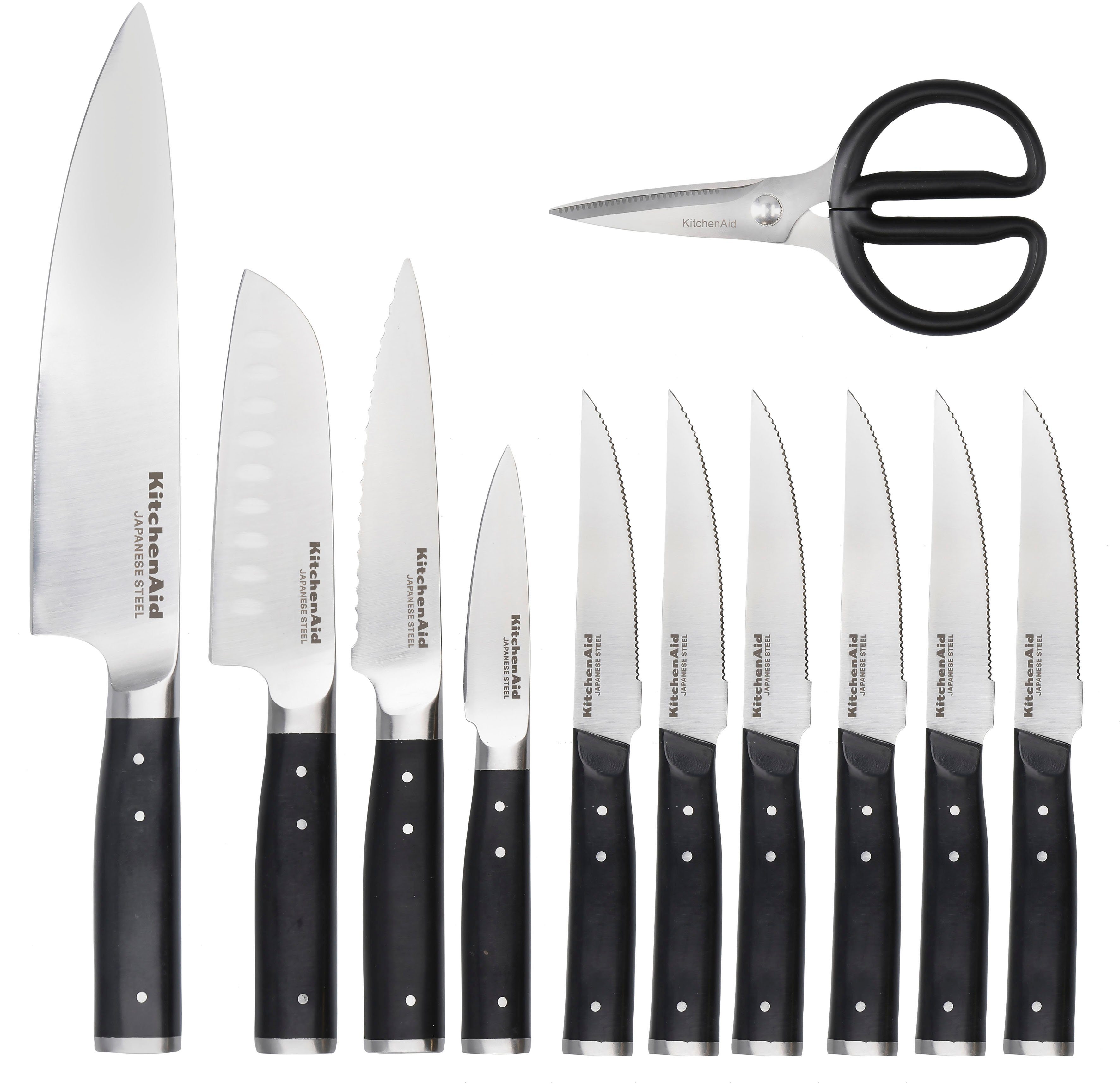 KitchenAid Messerblock Gourmet (11tlg), Messerr japanischer Stahl, Schärfer,Birkenholzblock, inkl. 1 Schere