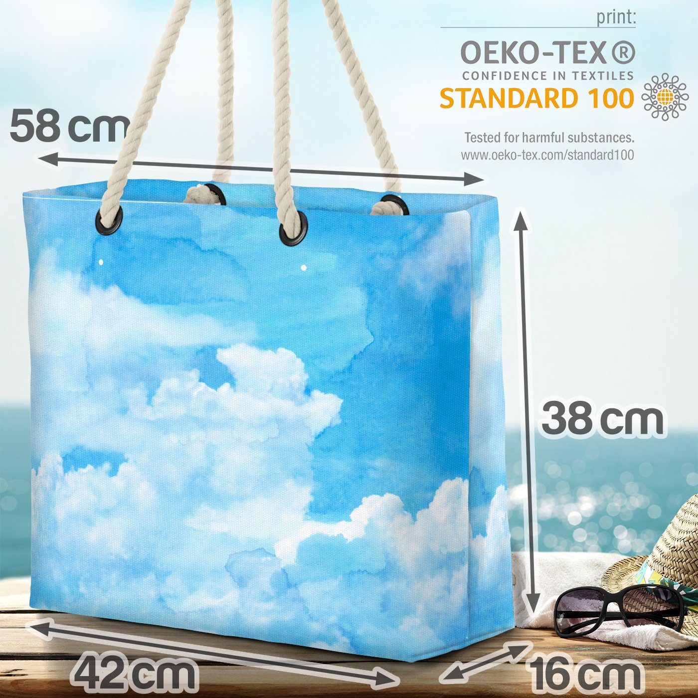 Wolken Weiss Beach Himmel Wasserfarben Strandtasche (1-tlg), Fliegen Garten Natur Gemälde VOID Blau Bag