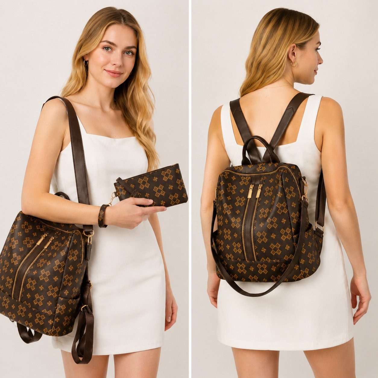 Forrlite Rucksack Damen Rucksack, Kleine 2 in 1 Rucksackhandtasche (Wasserdichter City Rucksack mit vielen Fächern, PU Leder Rucksack Handtasche mit Schultergurt, Geschenke für Damen), 2-teiliges Set, Anti-Diebstahl Tagesrucksack für Damen