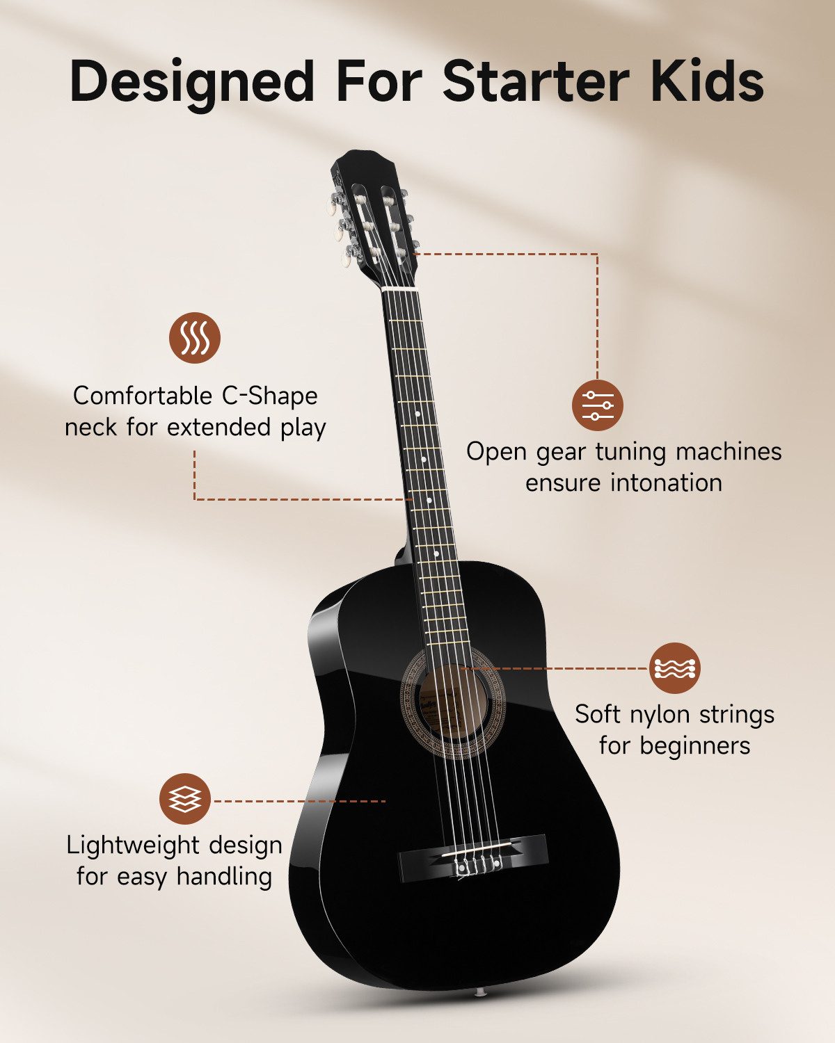 Moukey Akustikgitarre Kinder Gitarre 38" Set mit Tasche, Gurt, Stimmgerät, Linde, Komplettes Zubehör, Gitarrentasche Stimmgerät Gurt Ersatzsaiten, für Anfänger  – Bild 2 von 5