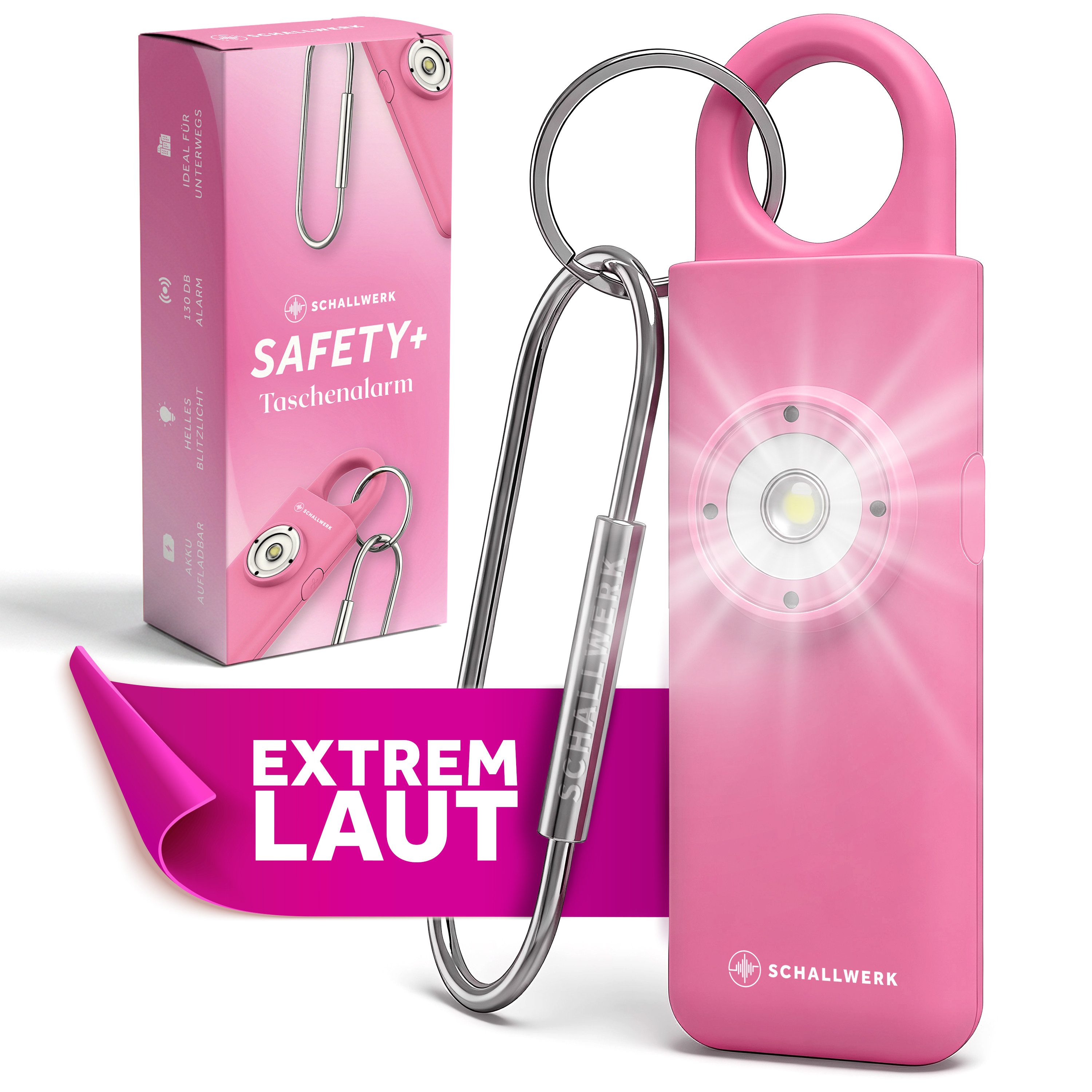 Schallwerk Taschenanhänger Taschenalarm für Selbstverteidigung & Sicherheit Lauter Alarm, LED-Stroboskoplicht, Schlüsselanhänger, für Frauen
