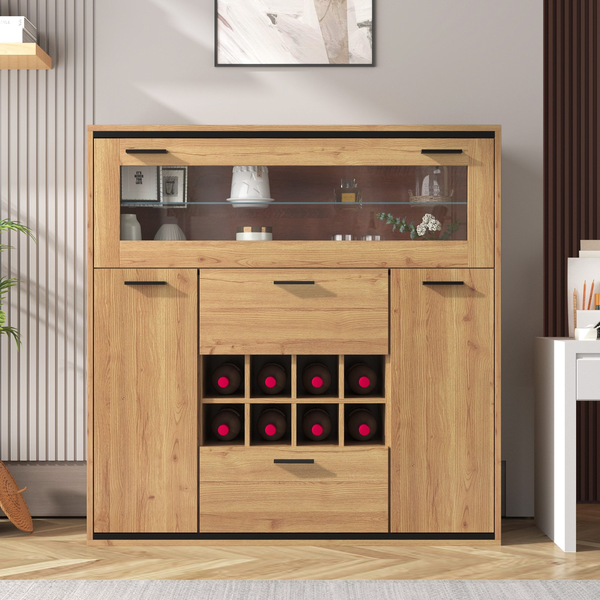 Furnishings Home Weinschrank Sideboard LED Barschrank Beistellschrank Mit Schubladen, Glastür Facher, und 16-farbigen variablen LED-Leuchten