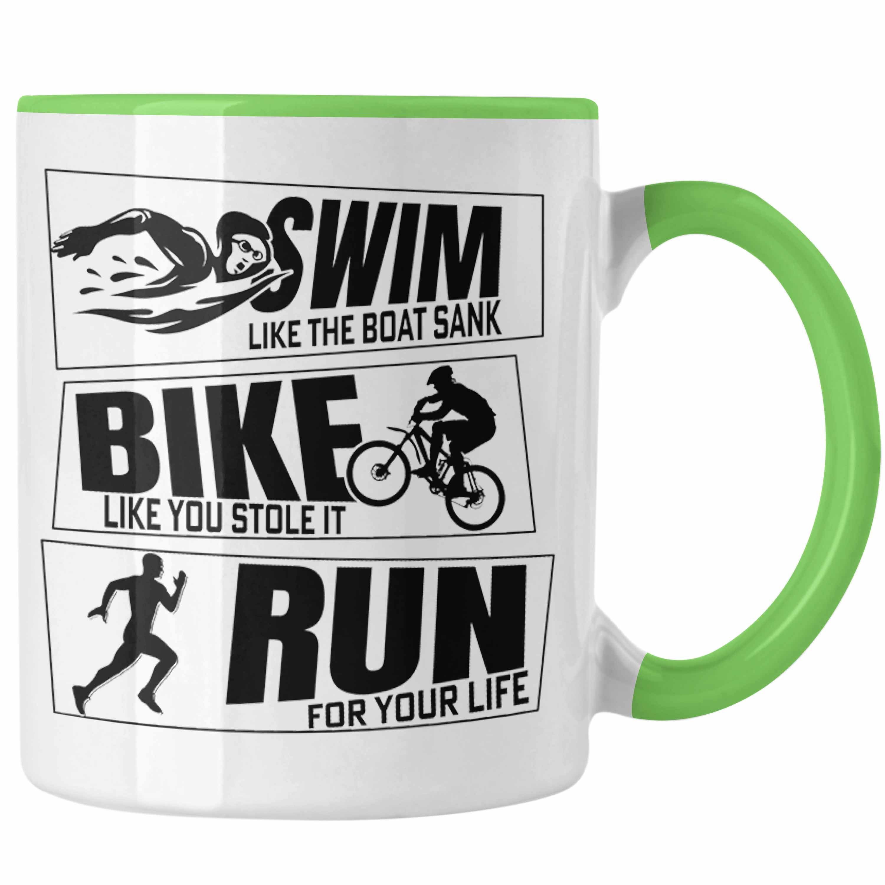 Trendation Tasse Triathlon Tasse Geschenk Spruch für Swim Bike Run Geschenkidee Sportl Grün