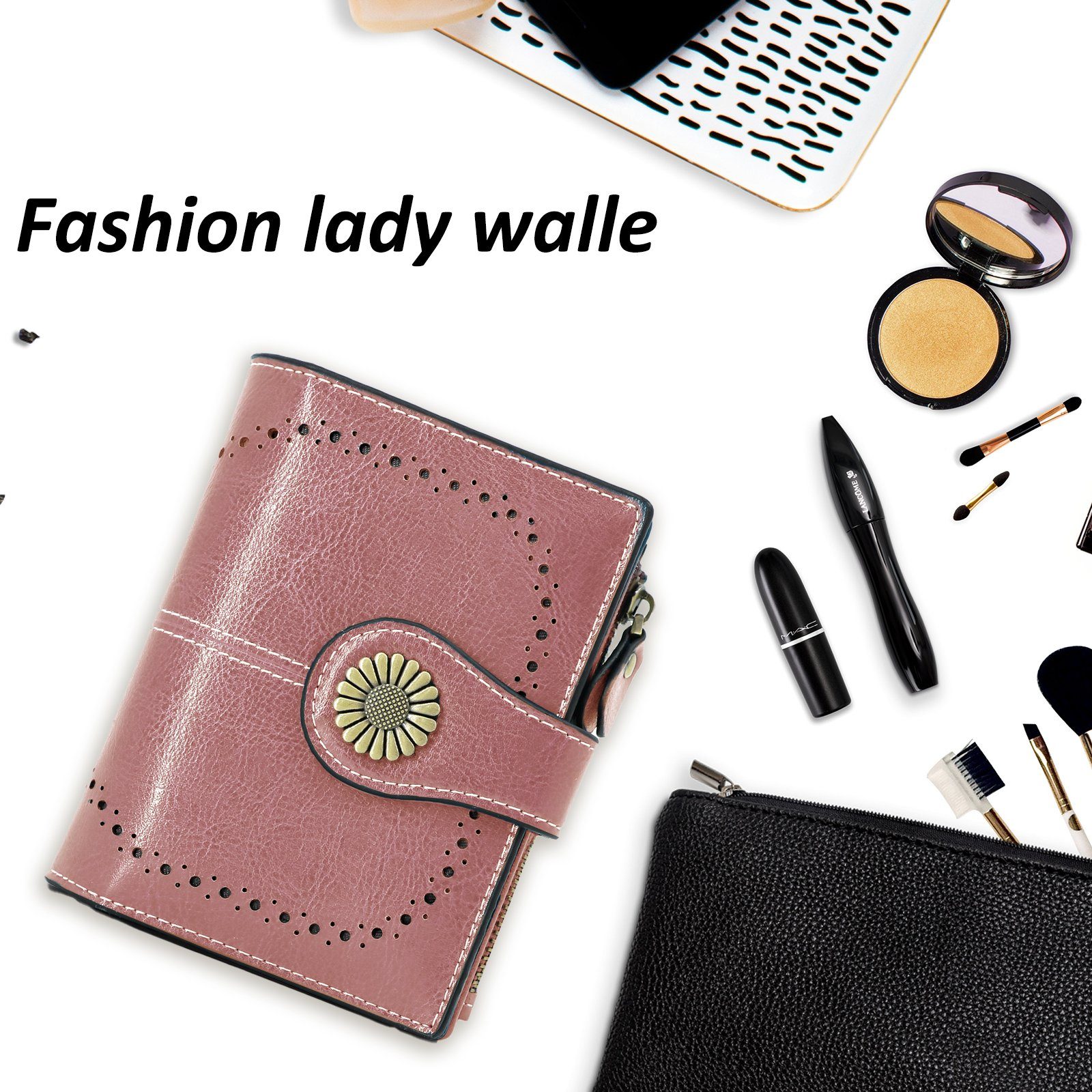 TAN.TOMI Brieftasche Elegante Portemonnaie Damen Druckknopf Fächer Damen, mit mit und Rosa RFID Schutz,Geldbeutel viele mit Reißverschluss