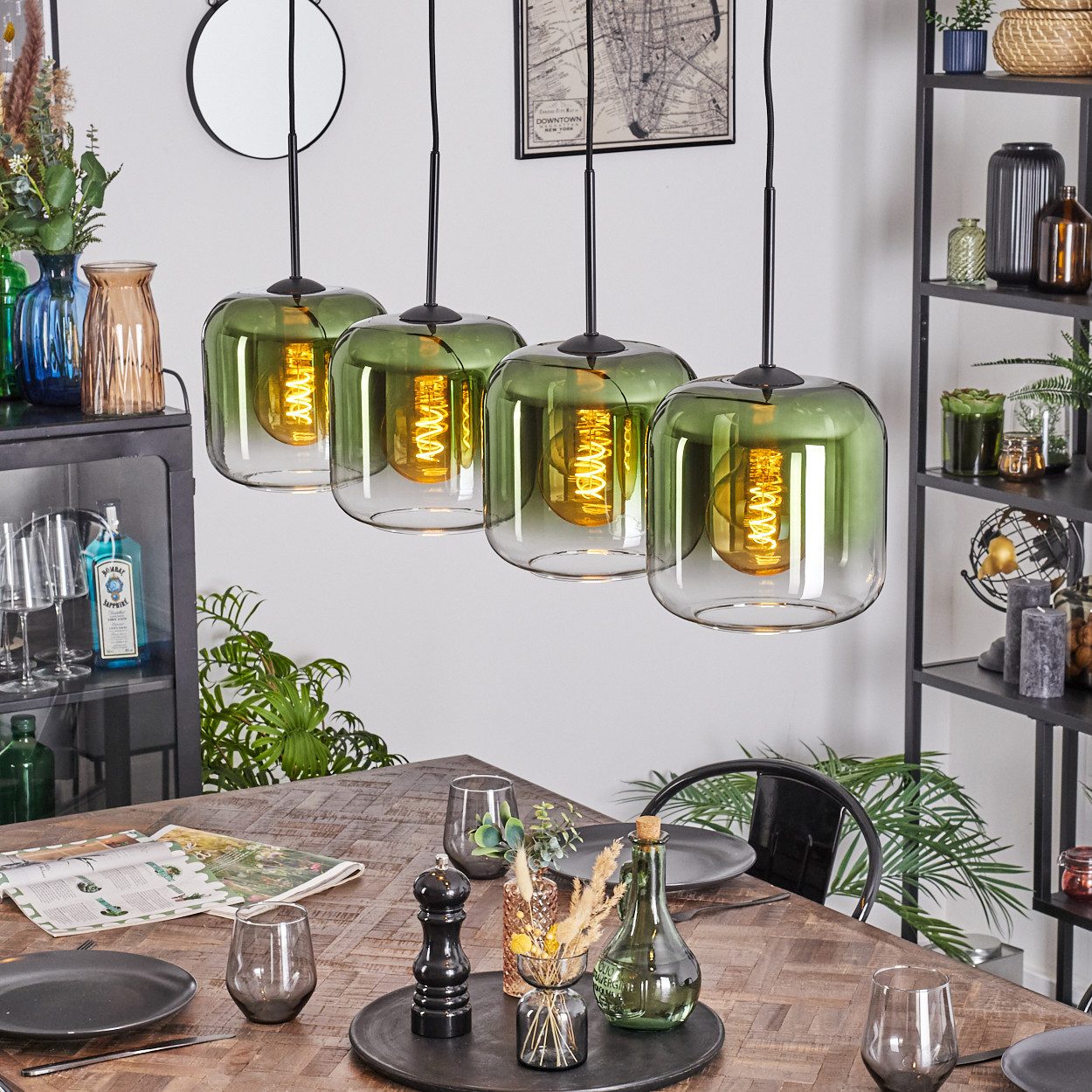 hofstein Hängeleuchte Hängelampe aus Metall/Glas in Schwarz/Grün/Klar, Hängeleuchte im modernen Retro/Vintage-Design (20 cm), 4 x E27