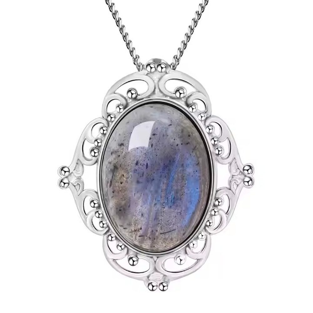 Runde Perlé Silberkette Kette mit ovalem Vintage Anhänger, 925 Sterling Silber, handgefertigte Halskette Labradorit (inkl. Geschenkverpackung)