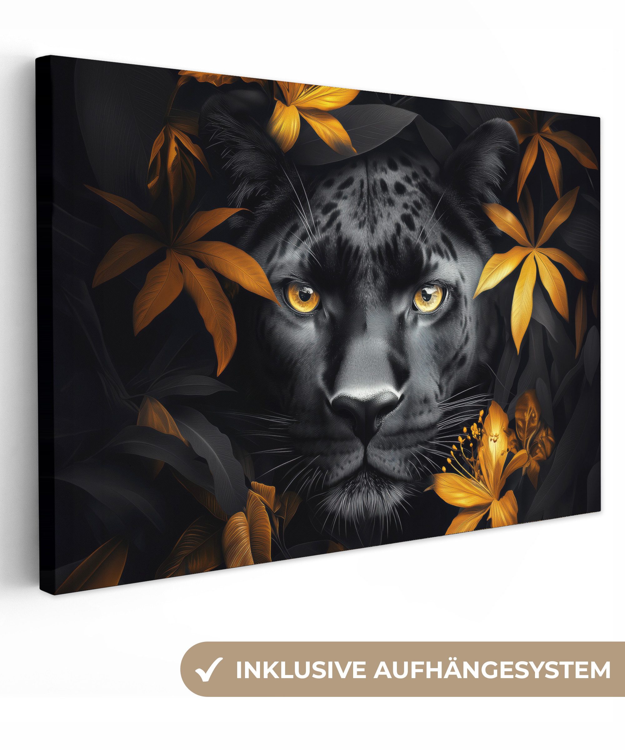 OneMillionCanvasses® Leinwandbild Schwarzer Panther - Blumen - Gold - Natur günstig online kaufen