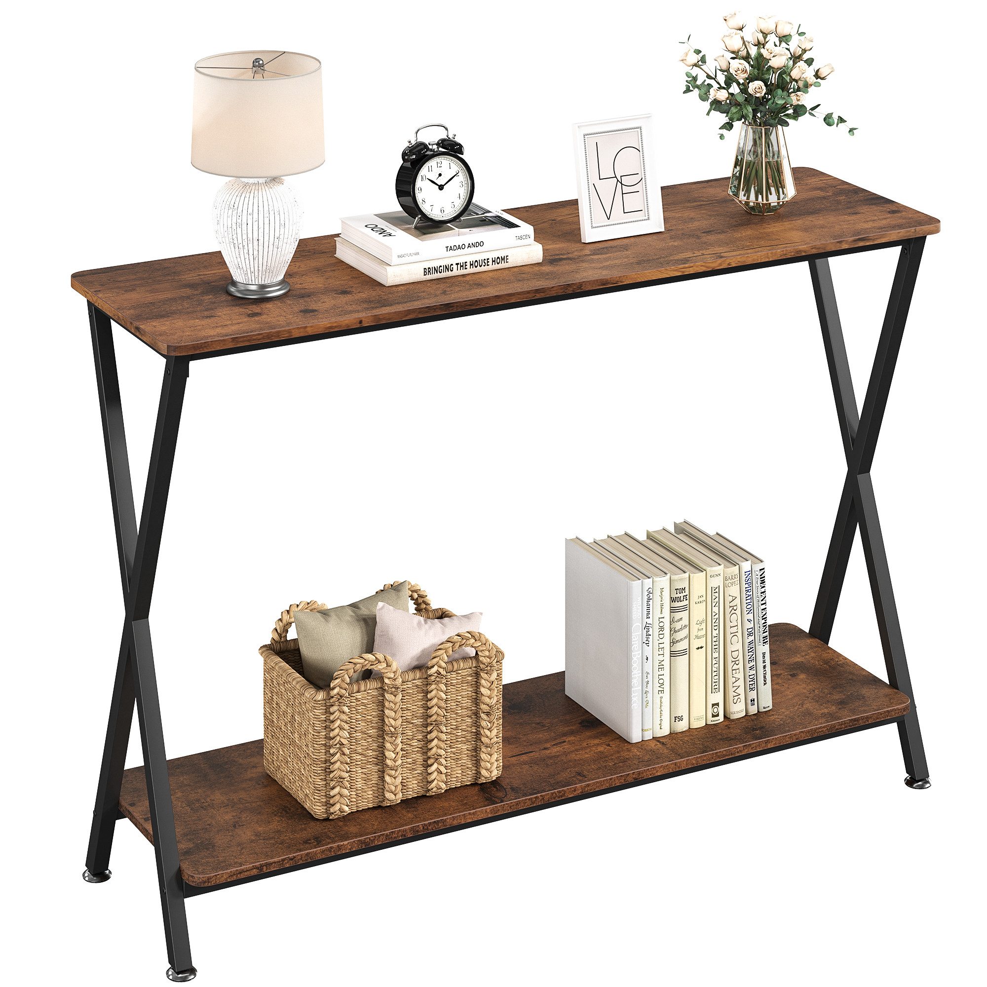 GarveeMore Konsolentisch Schmaler Vintage mit Metallgestell und Ablagen,105 x 30 x 81cm, Beistelltisch Eingangstisch für Flur, Eingang und Wohnzimmer