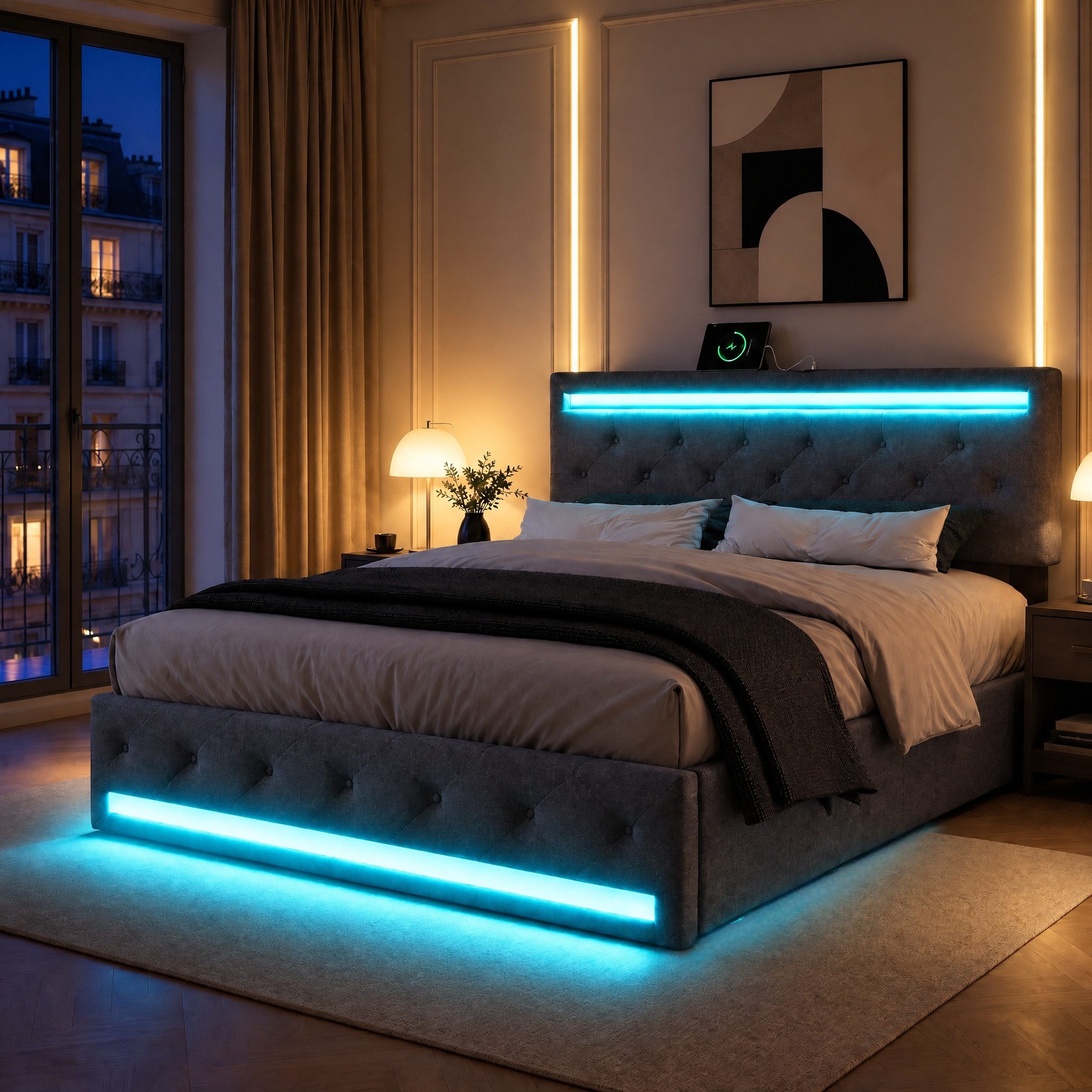Furnishings Home Polsterbett LED Doppelbett Stauraumbett mit Kopfteil und 4 Schubladen (Leinenmaterial Polsterbett mit RGB Beleuchtung), mit Lattenrost und Ladefunktion, mit Komforthöhe, Leises Design Bett