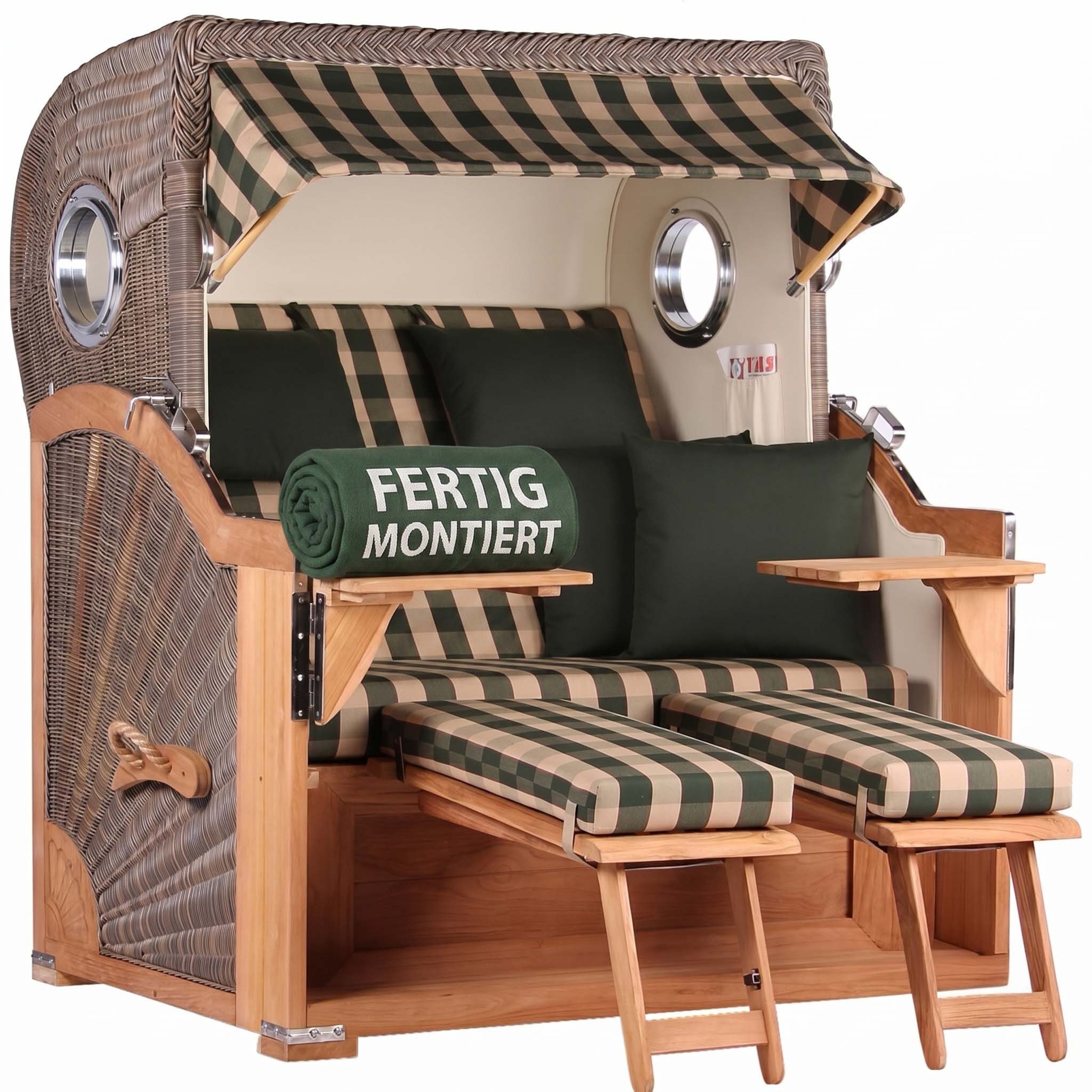 MR.DEKO Strandkorb XXL Baltikum 2,5-Sitzer Bullauge Teak PE Grey 142x170x95, BxTxH: 142x95x170 cm, Volllieger, Baltikum, (Wetterfester 2,5-Sitzer Strandkorb für Garten, Terrasse & Balkon), Volllieger mit Stauraum, Bullaugen & Edelstahl – komplett montiert