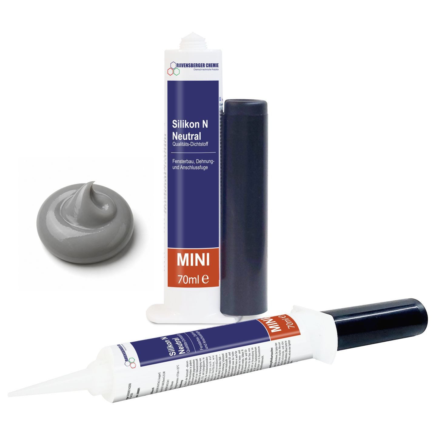 Ravensberger Chemie Silikon N - 70 ml Minikartusche - neutralvernetzend, Grauer Dichtstoff, für Fenster, Fassaden & Anschlussfugen, wetterfest
