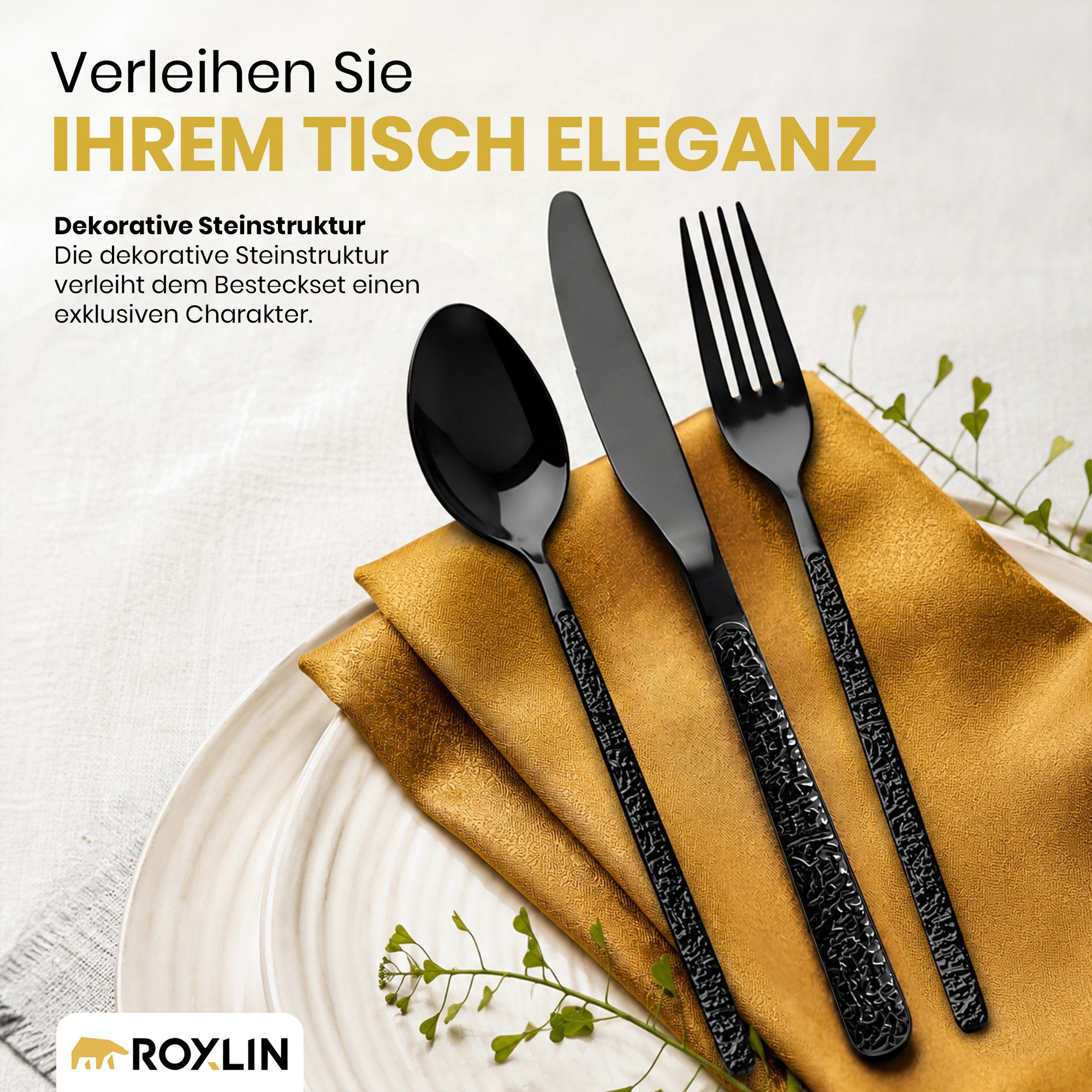 Roxlin Besteck-Set Roxlin Besteckset 30-tlg Stein Design Edelstahl, Gold/Schwarz/Silber, 6 Personen, Edelstahl – Bild 3 von 5